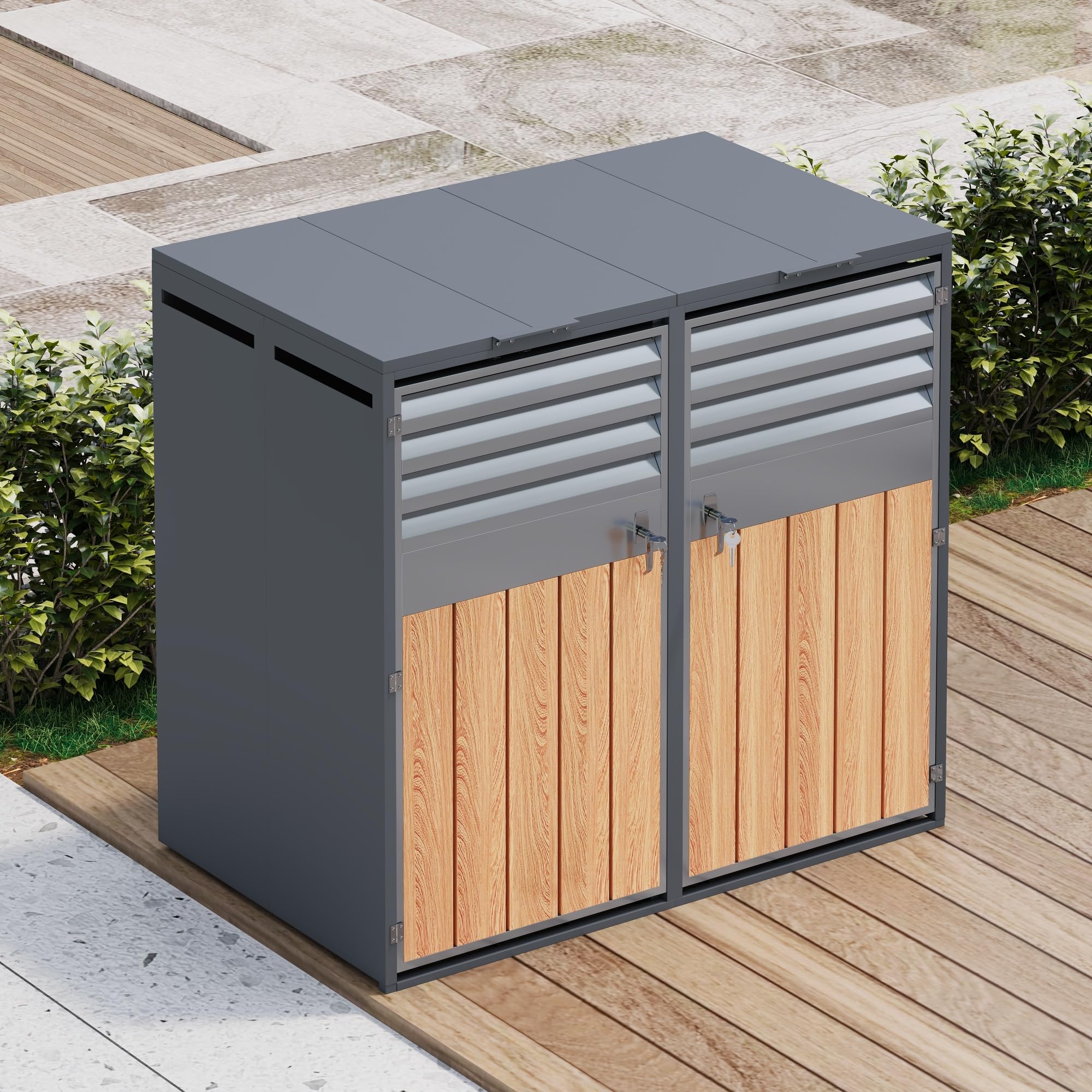 Merax Cache-poubelles 2 avec couvercle à charnière, armoire verrouillable en acier galvanisé, revêtement de poubelles avec ouverture d'aération et lamelles, deux portes