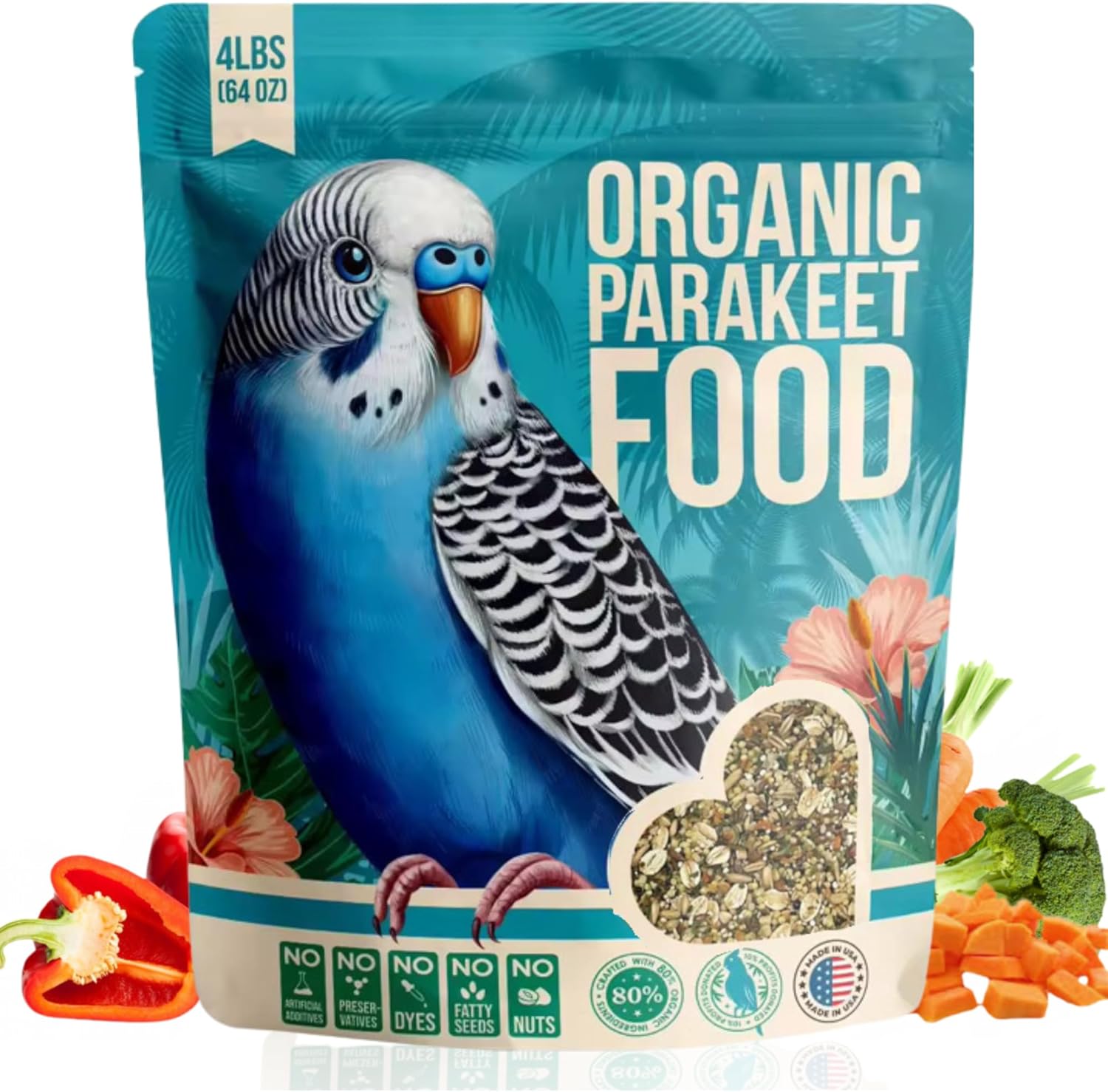 Organic Parakeet Food - No Fillers, Fatty Seeds, or Dyes - Budgies, Lovebirds & Parrotlets - Premium Human Grade Seed Mix, Grain & Wholesome Veggies – Made in USA (4 lbs)