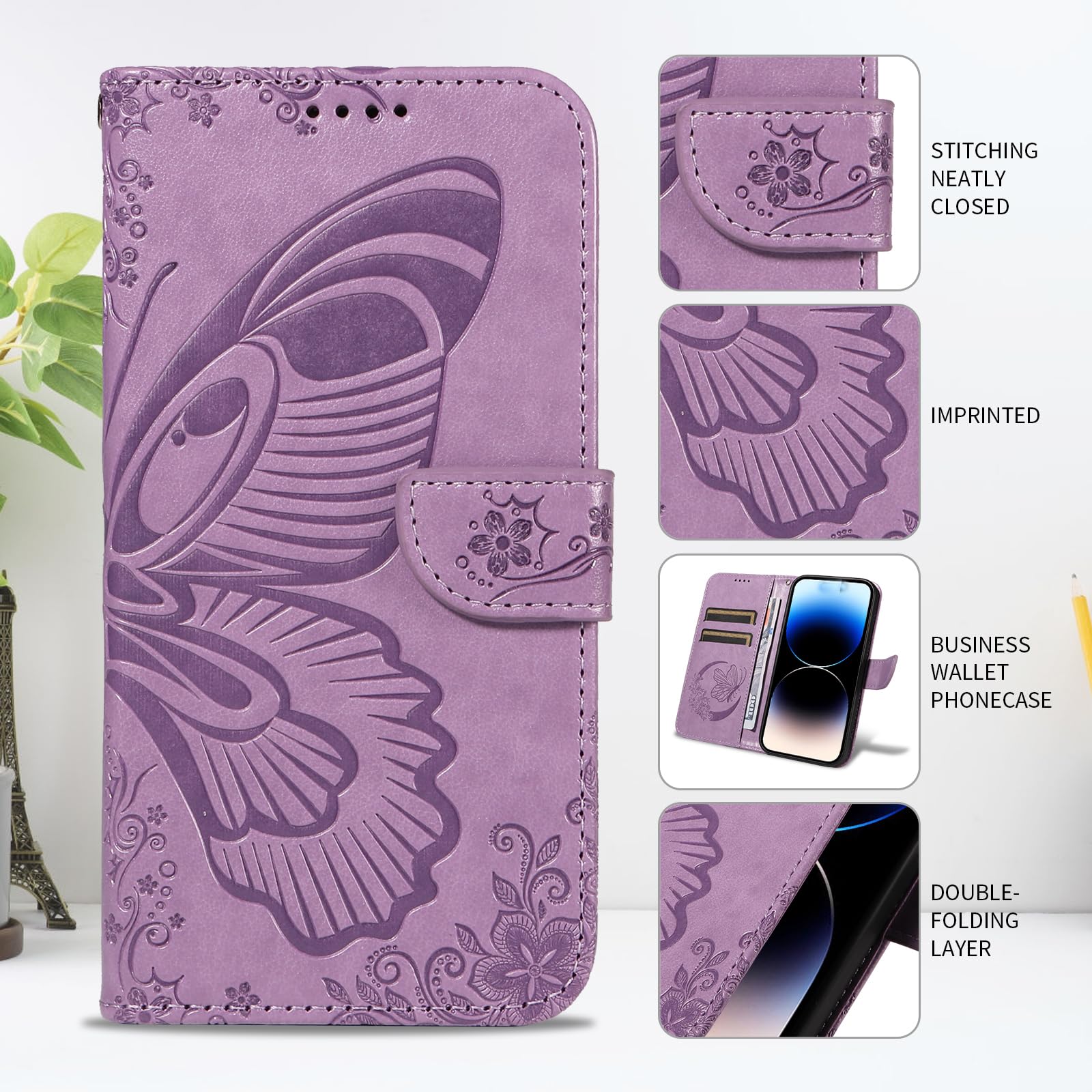 Wuhaizher iPhone 14 Case Butterfly Shockproof Leather Flip Folio Wallet Phone Case for Girly Women with Stand Card Holder Slots Silicone Bumper Cover for iPhone 14 - Image 2