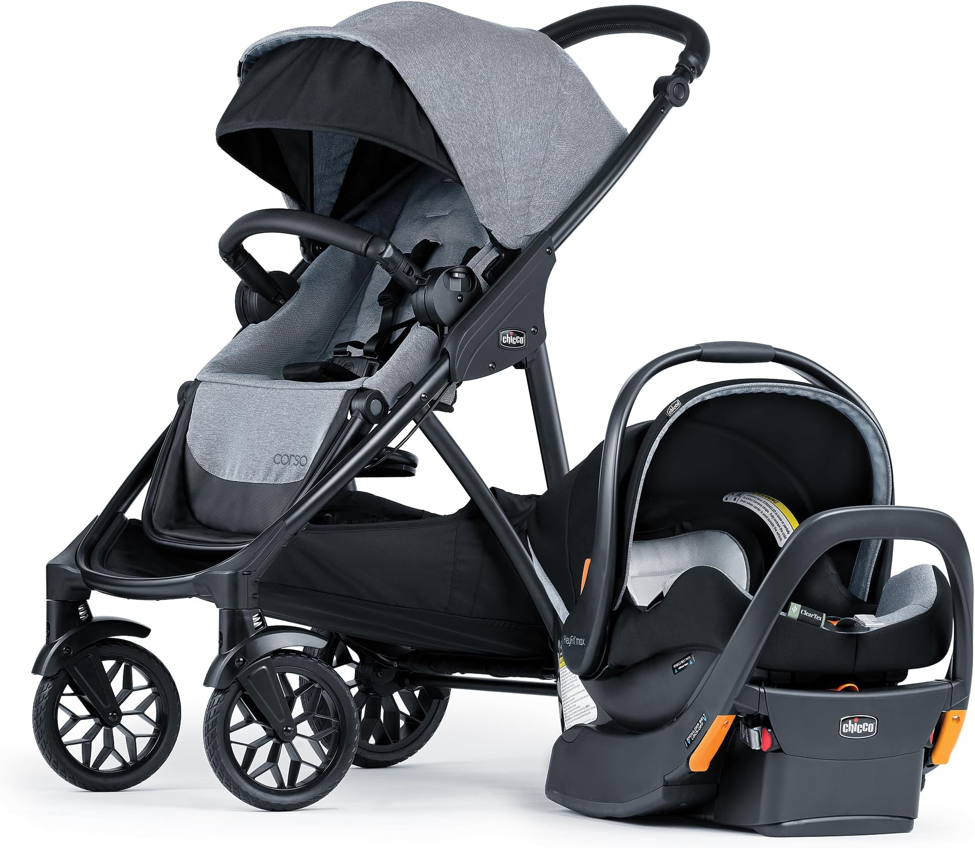 Corso LE ClearTex Modular Travel System with Corso LE Stroller & KeyFit Max ClearTex Infant Car Seat and Base, Stroller and Car Seat Combo | Canyon/Brown