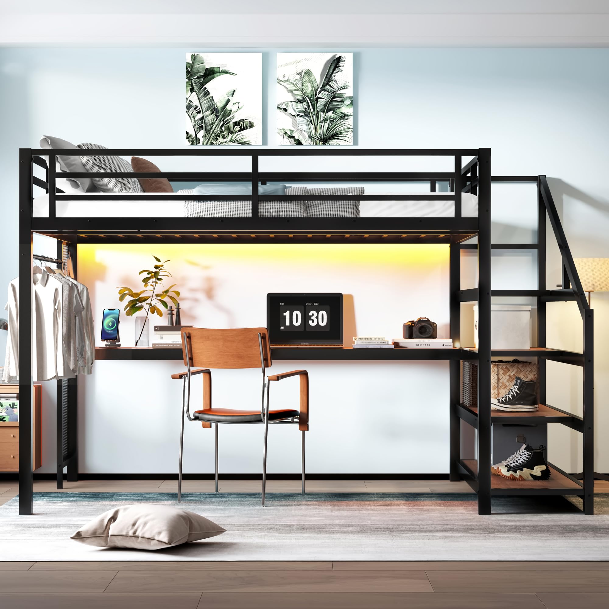 Photo 1 of Bellemave Queen Loft Bed with Desk & Storage Stairs, Metal Queen Size Loft Bed Frame with Iron Nets, LED Lights & USB Ports, Heavy Duty Adult LoftBed for Bedroom, Noise-Free, Black