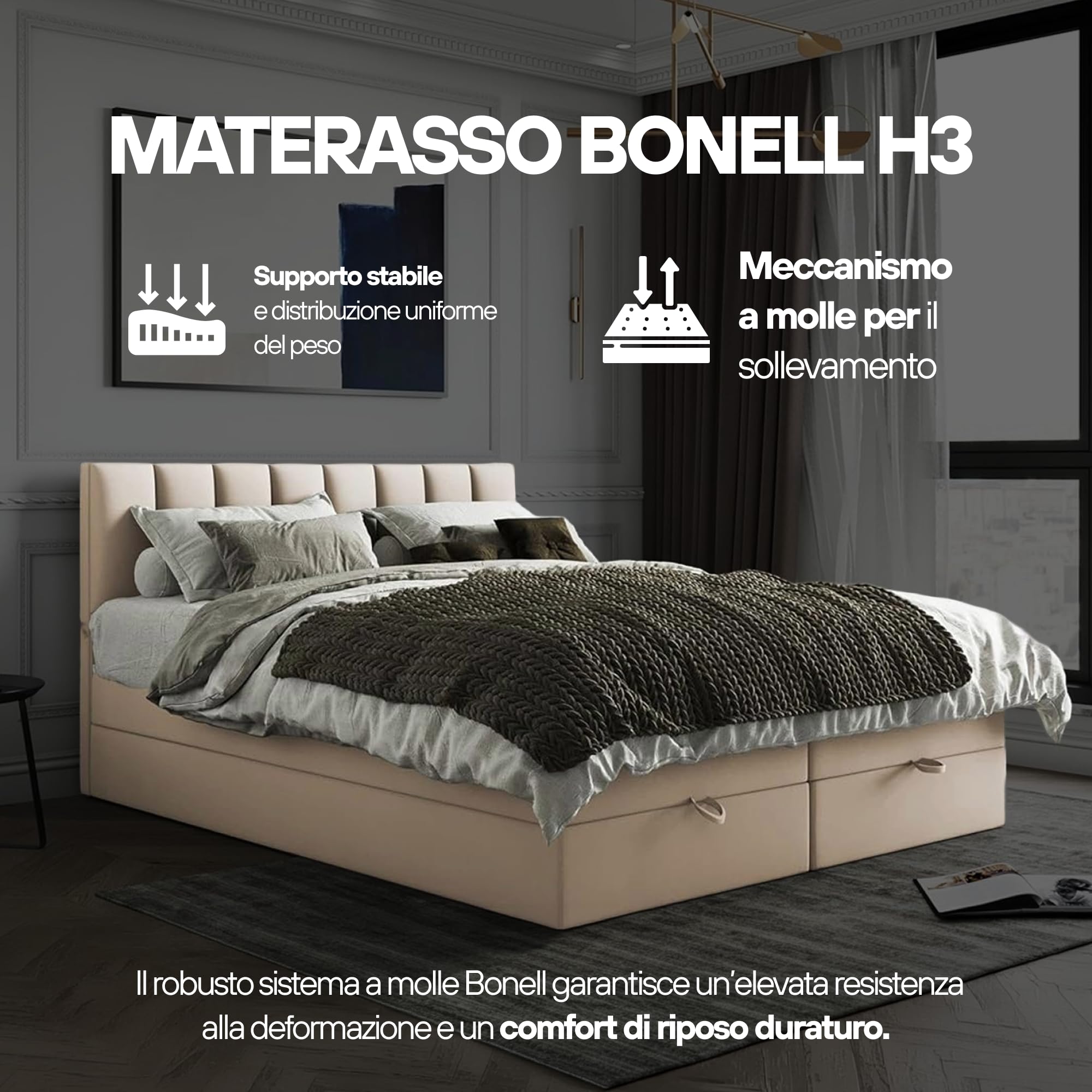 TRADA Letto Contenitore Matrimoniale con Contenitori e Materasso - Letto GUSTO con Topper In Memory Visco - Beige - 160 x 200 cm