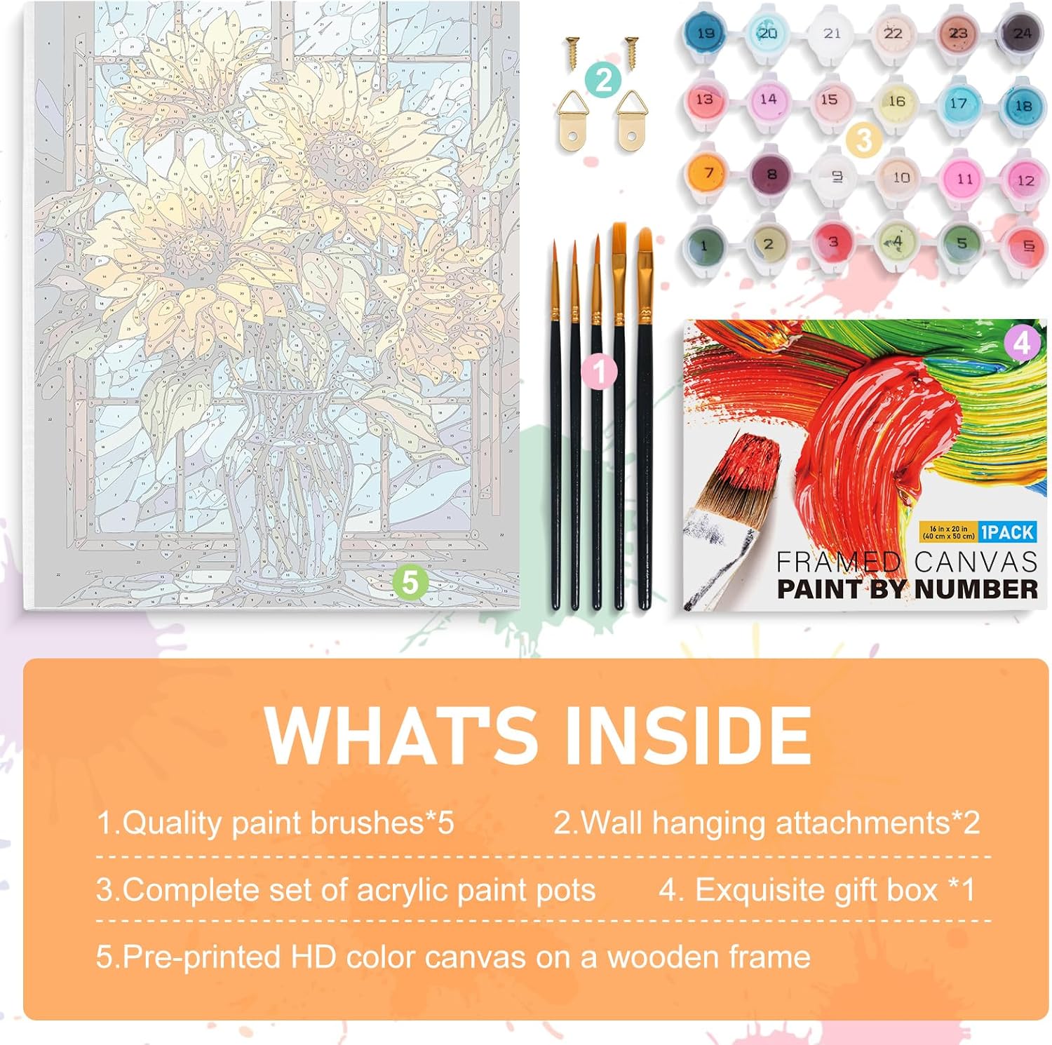 Offito Paint by Numbers Kit for Adults Framed Canvas - 16x20 Inch Stained Glass Sunflowers Adult Paint by Number Kits with Frame, DIY Acrylic Framed Canvas for Painting Kits for Adults with Gift Box