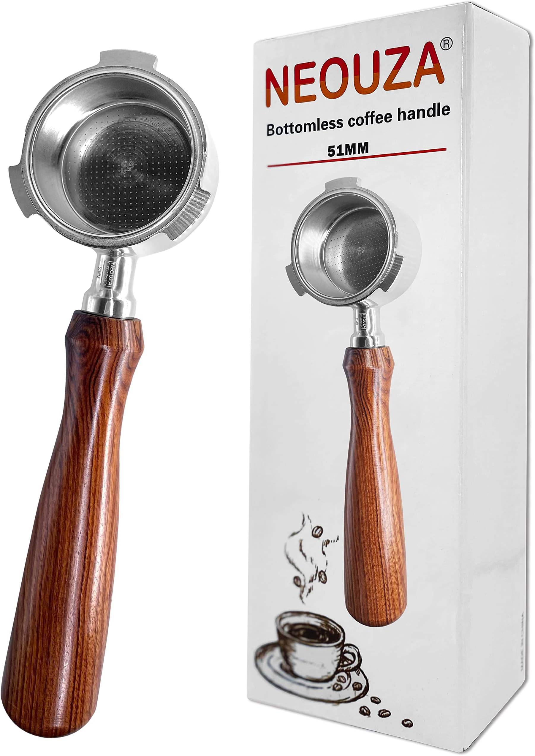 NEOUZA 51mm Espresso Bottomless Portafilter Compatible for Delonghi EC680/EC685 Coffee Machine,Upgraded Rosewood,304 Food Stainless Steel,Filter Basket