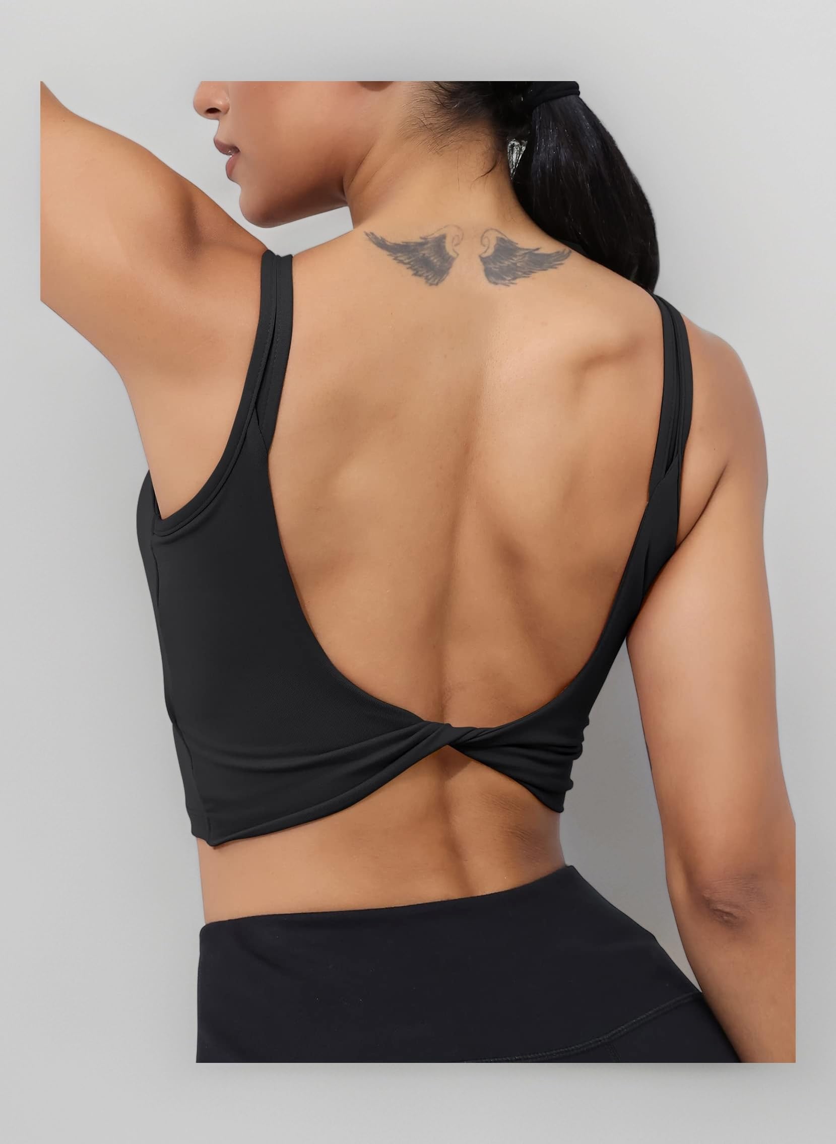 Womens Workout Sports Bras Backless Padded Yoga Tank Tops Crop Twist Low Back Cami Bra for Gym, Black, M