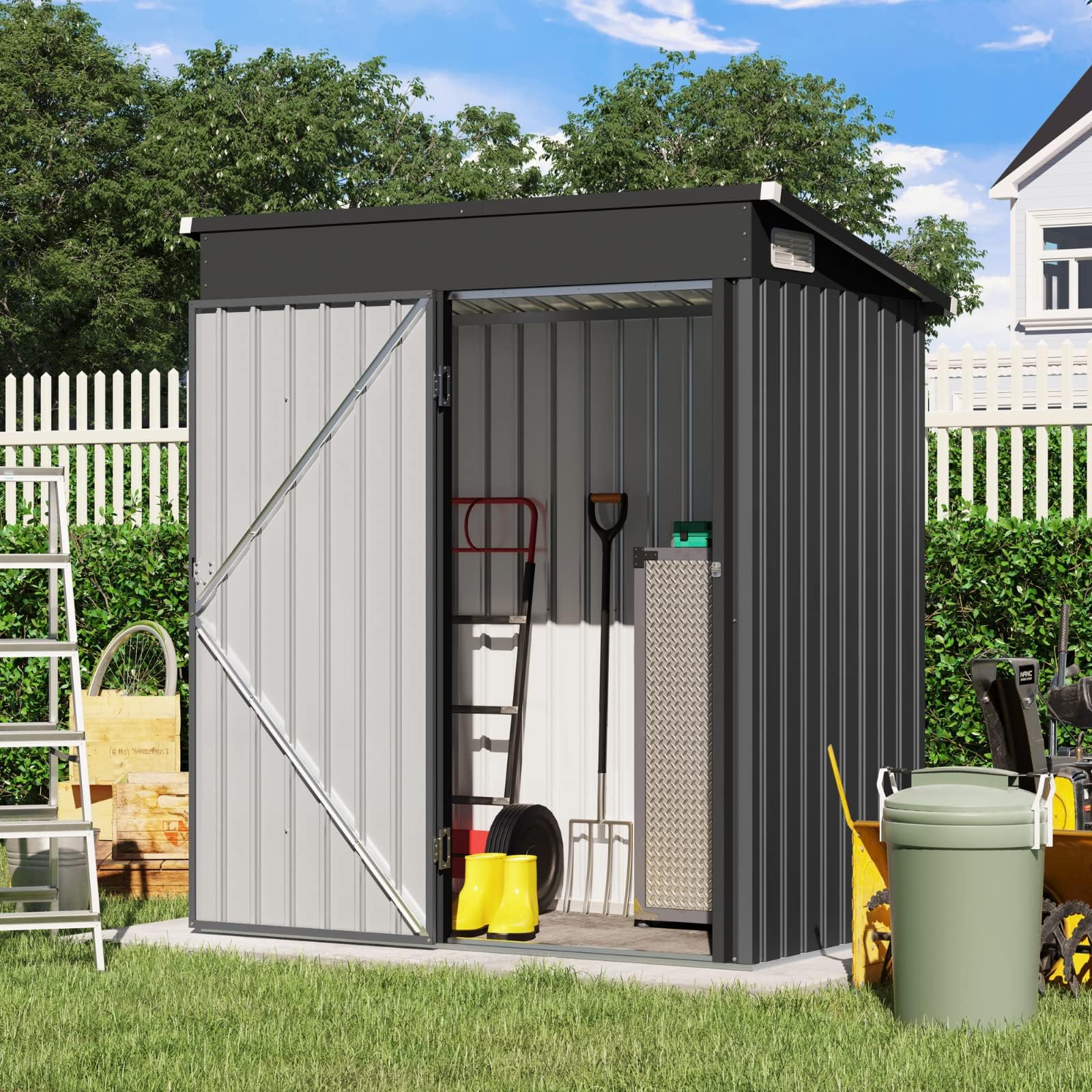 Verano Garden 5'x3' Outdoor Storage Shed, Galvanized Metal Steel Garden Shed W/Lockable Door, Small Waterproof Storage Shed for Backyard, Patio, Lawn (55.31" x 30.12", Black)