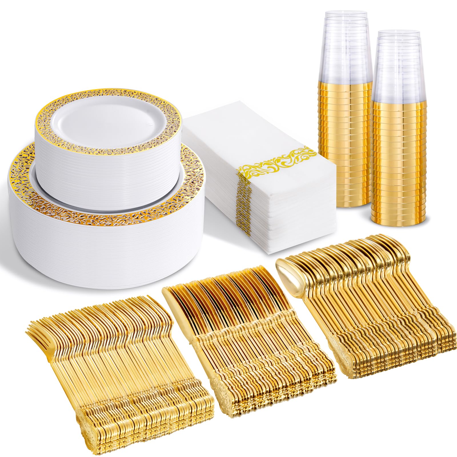 bUCLA 350PCS Gold Plastic Plates Disposable - Gold Plastic Dinnerware Set Include 50 Dinner / 50 Dessert Plates, 50 Forks, 50 Knives, 50 Spoons, 50