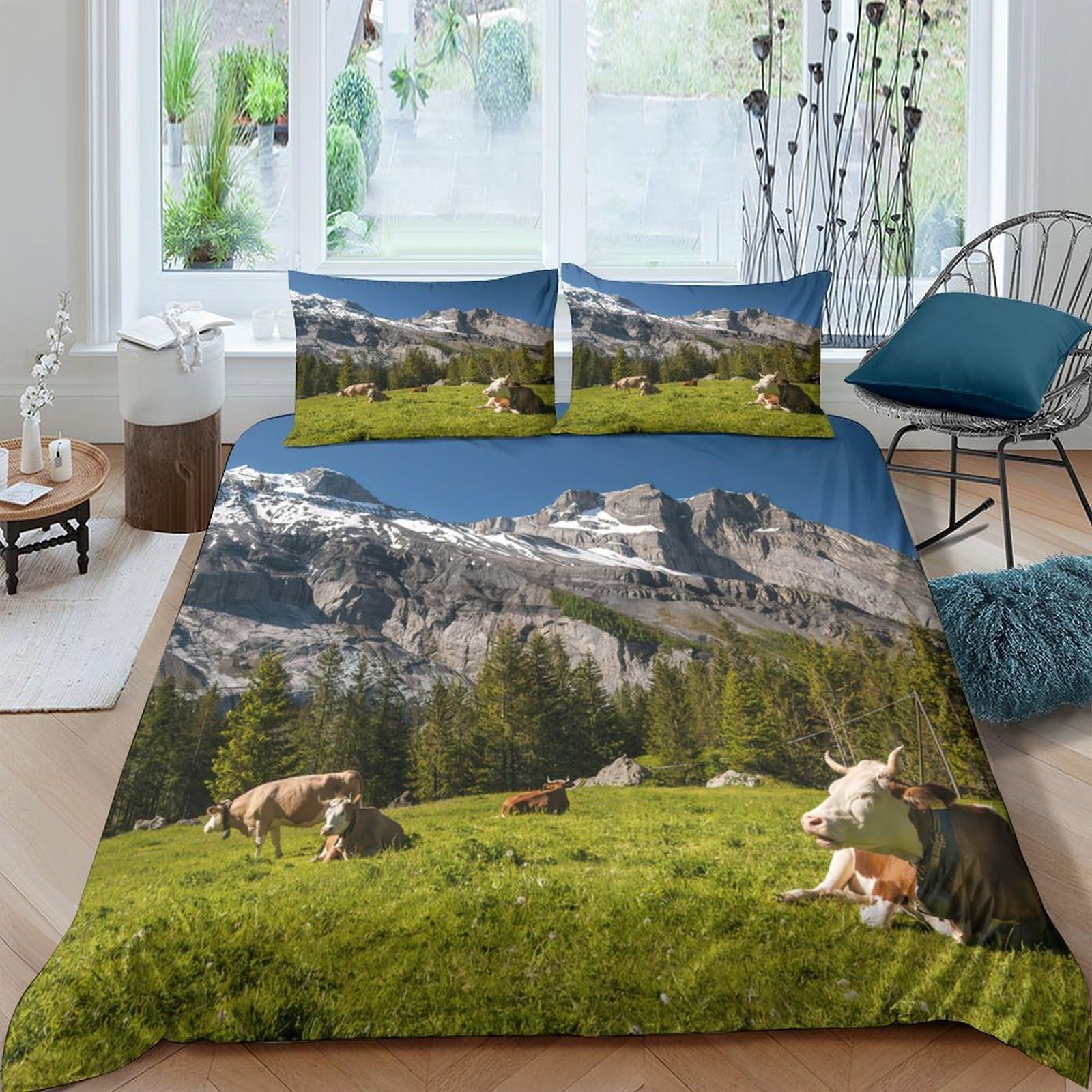 Ctjqhvkz Style-4 3D Printed Mountain Pasture Fitted Sheet Microfiber Soft Decorative Alpine Landscape Bed Cover For Bedroom Guest Room Easy Care Single（135X200cm）