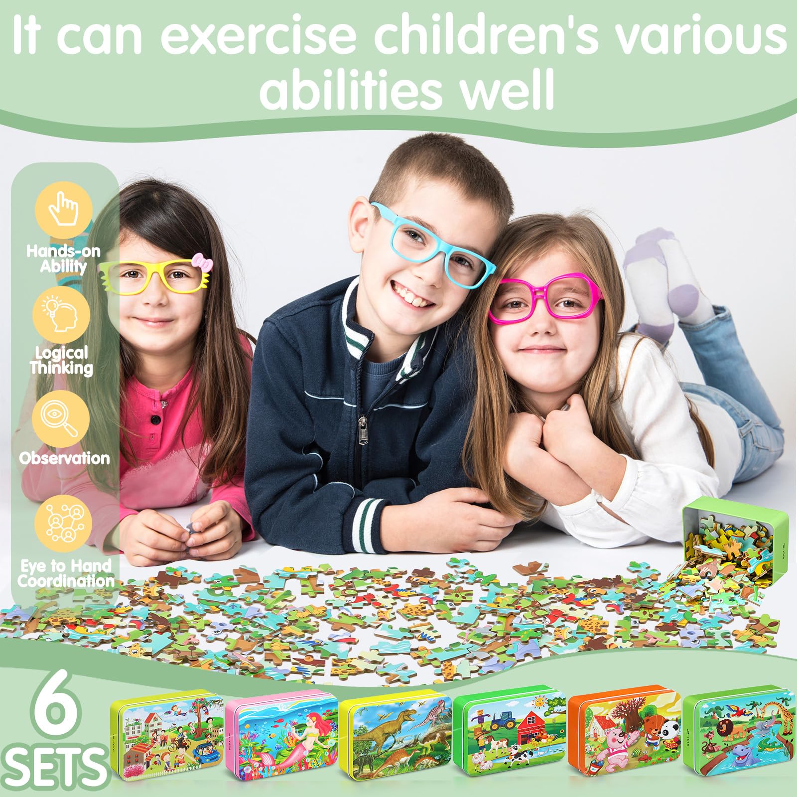 Motionchic 6 Set Jigsaw Puzzles in a Metal Box for Kids Age Over 6, 100 Pieces Wooden Mini Puzzle Animal Marine Mermaid Fire Truck Dinosaur Puzzles for Girl Boy Educational Party Favor (Cute) - Image 4