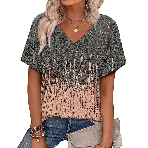 Camisetas femininas de verão 2025 gola V manga curta roupas modernas elegantes casuais de férias estampadas