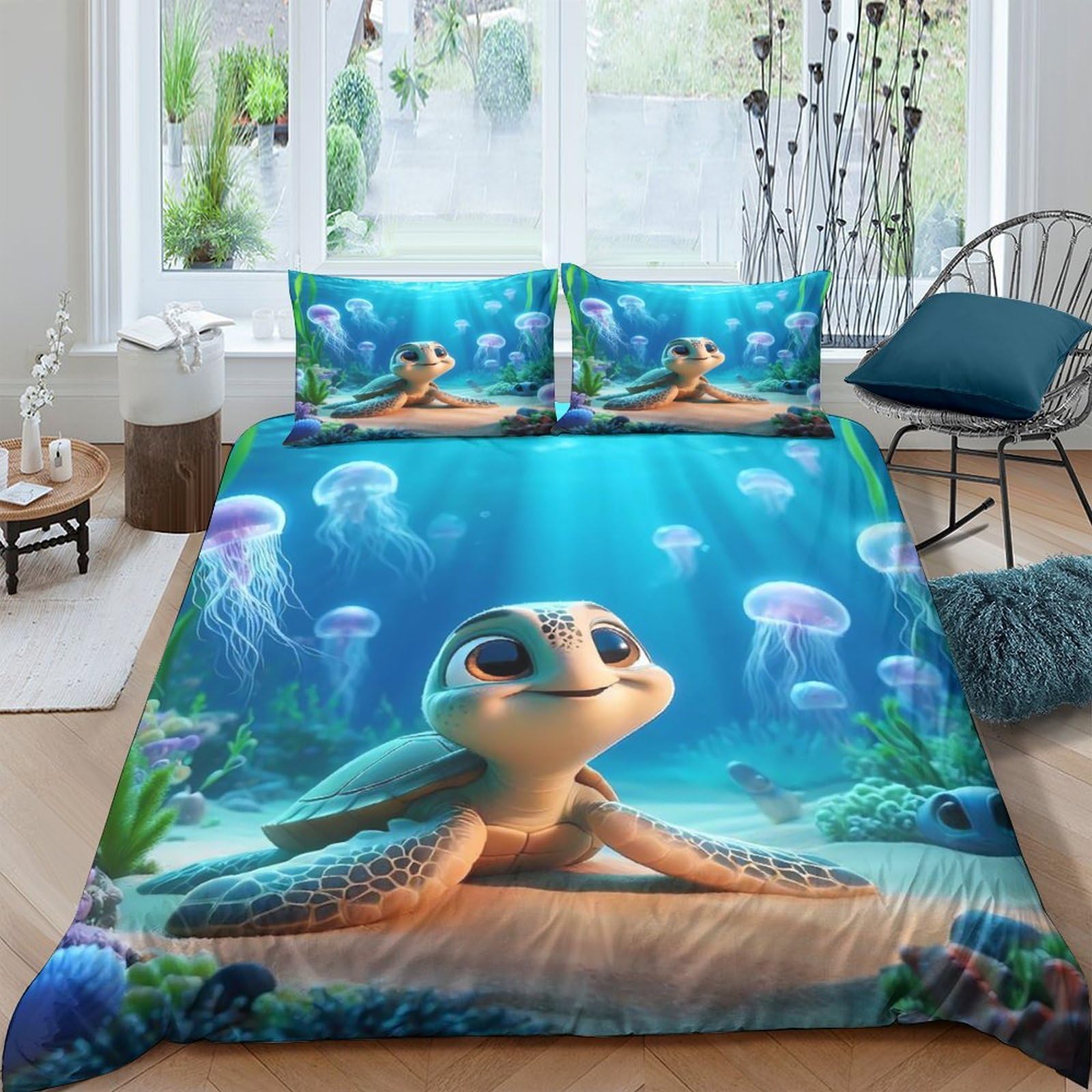 Ctjqhvkz Style-7 3D Printed Sea Turtle Fitted Sheet Microfiber Soft Blue Ocean Underwater Jellyfish Mattress Cover Bedroom Decor Single（135X200cm）