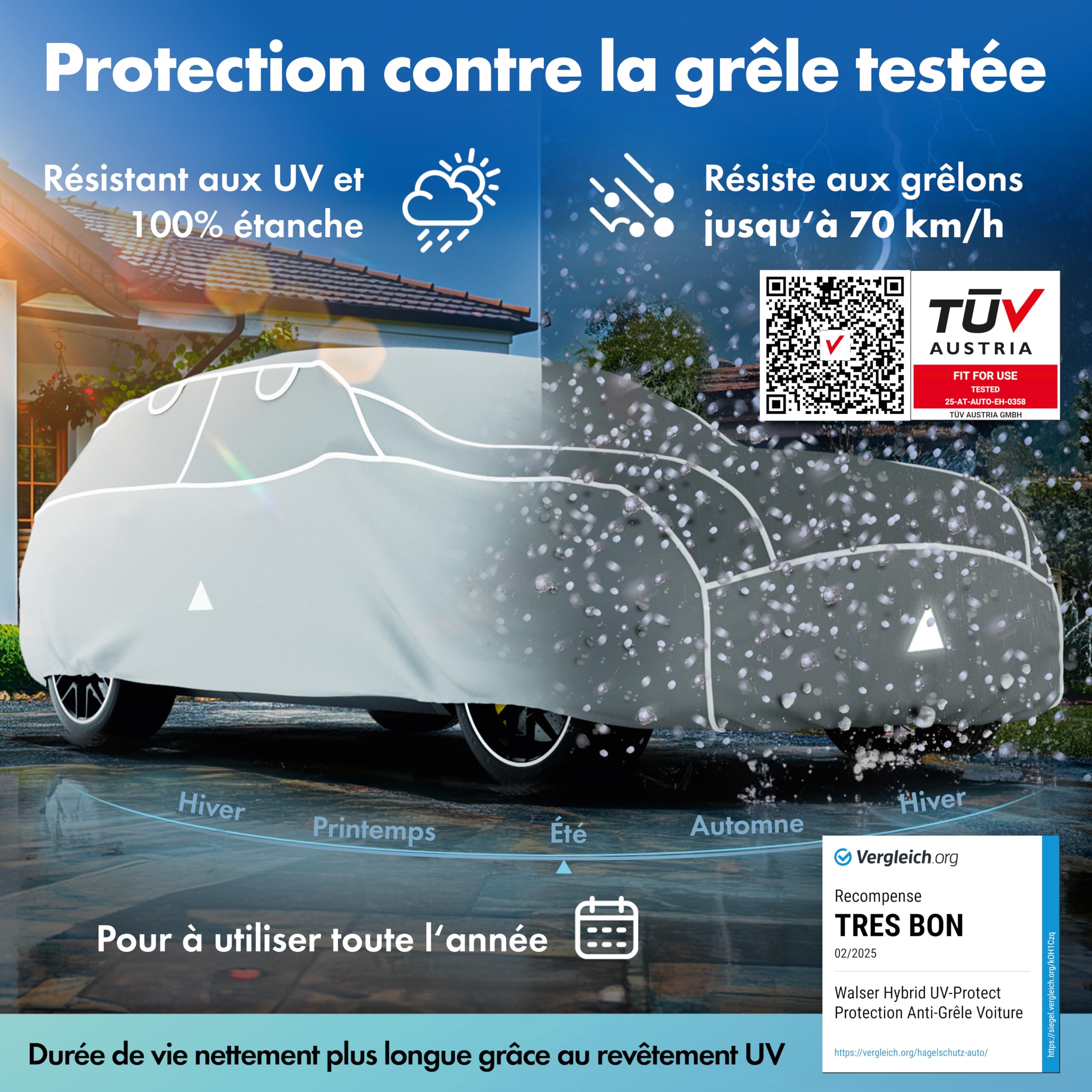 WALSER Premium Bâche de Voiture Anti-grêle Hybrid UV Protect SUV, Récompense Très Bon* Housse Voiture Anti-grêle imperméable et résistant aux UV, Certifié par Le TÜV Autriche* bâche SUV/Van Taille 7