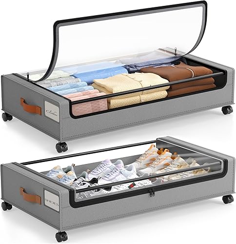 LAMU Almacenamiento debajo de la cama con ruedas, paquete de 2, contenedores de almacenamiento debajo de la cama con tapa transparente y asa de piel