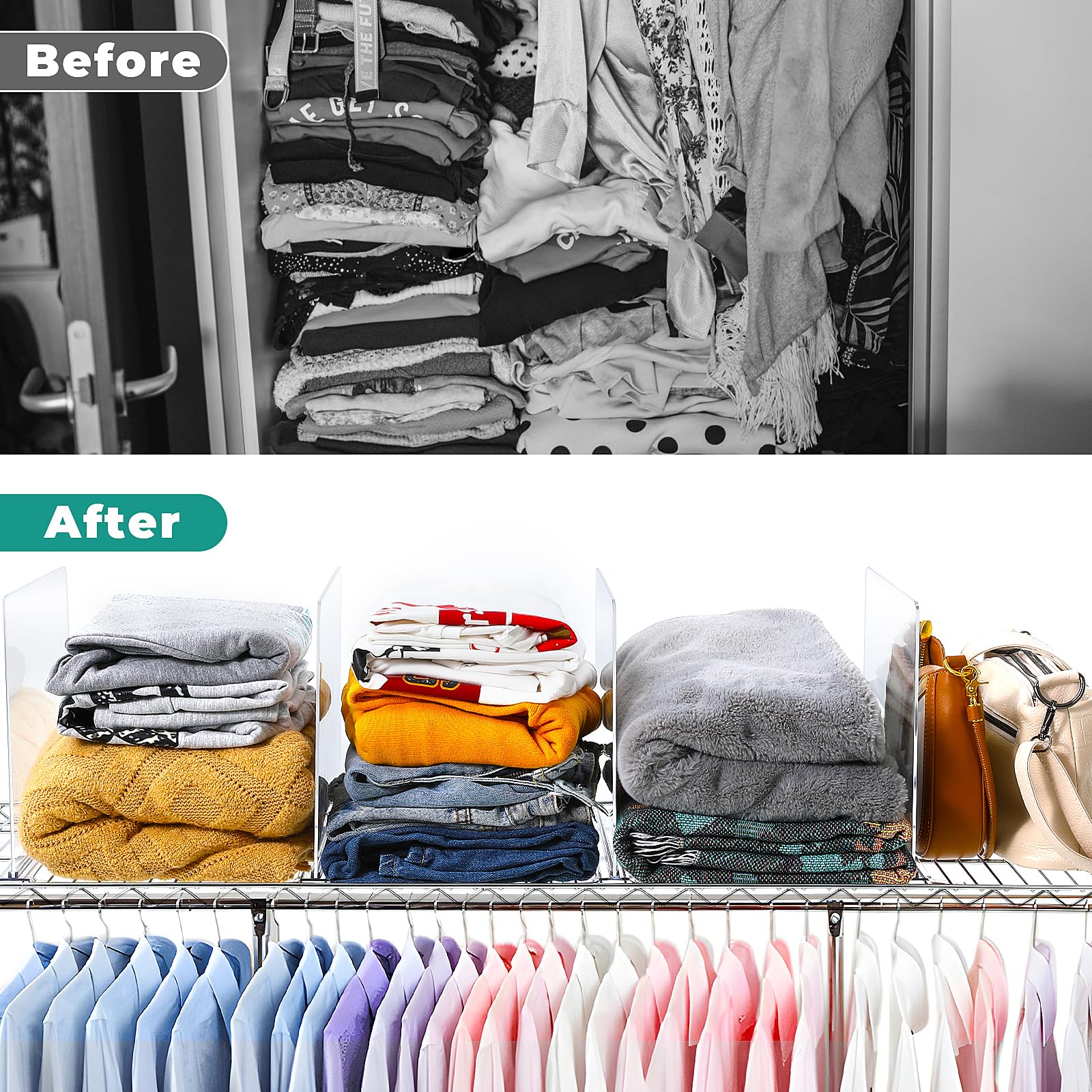 Organizzatore per armadio in acrilico, divisori per mensole per armadio, divisori per mensole in filo, mensola trasparente per armadio in filo, organizer per camera da letto, cucina e ufficio (12