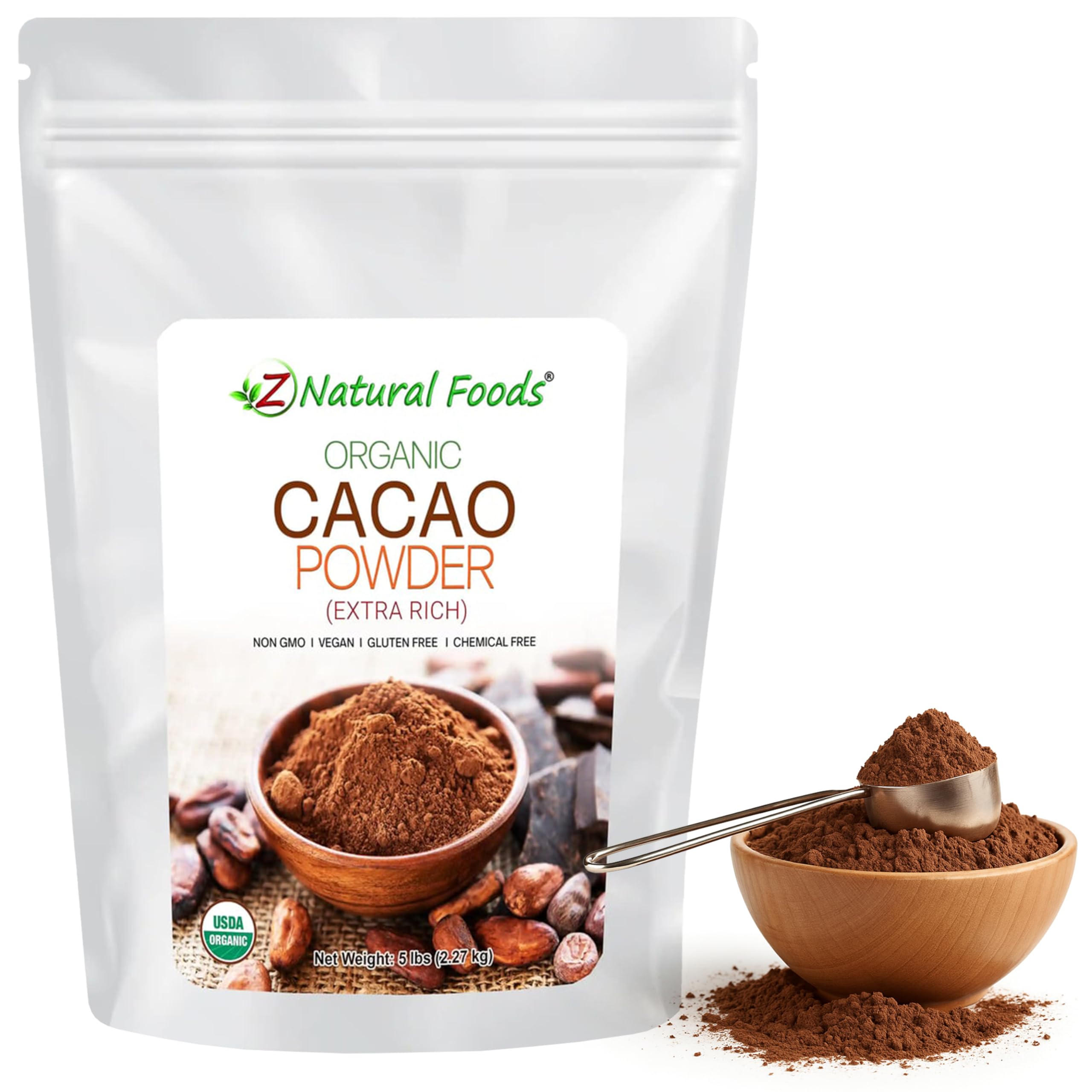 Z Natural Foods Organic Cacao Powder - Unsweetened Nutrient-Dense Superfood for Healthy Aging - Extra-Rich Dark Chocolate Flavor Perfect for Chocolate Recipes, Shakes or Smoothies, 5 lbs