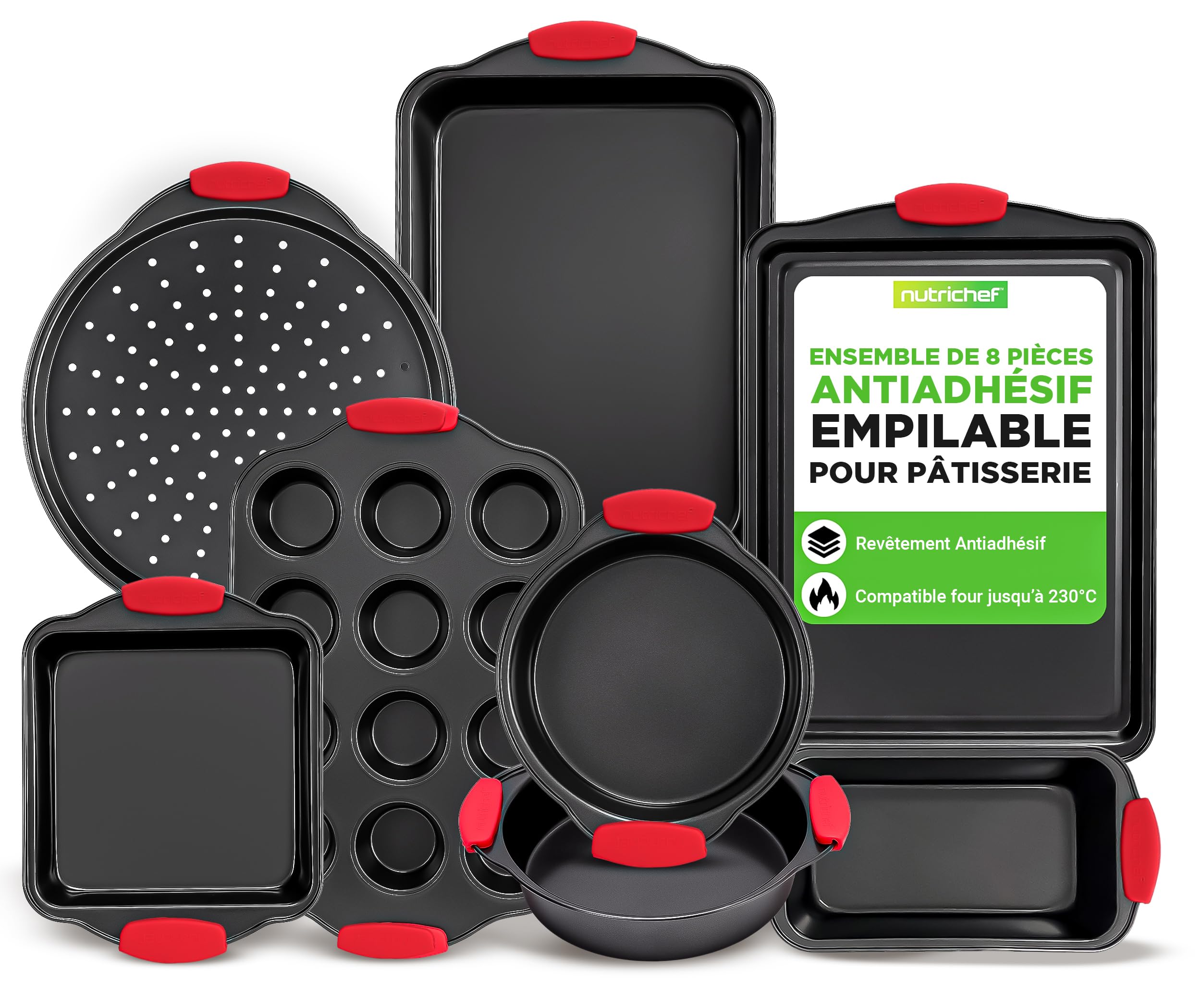 NutriChef Moules à Pâtisserie - Set de 8 Plateaux de Cuisson Antiadhésif en Acier au Carbone - Plateaux Empilables - Inclut Plaques à Biscuits, Moule à Cake, Pizza, Muffins et Gâteau - Noir