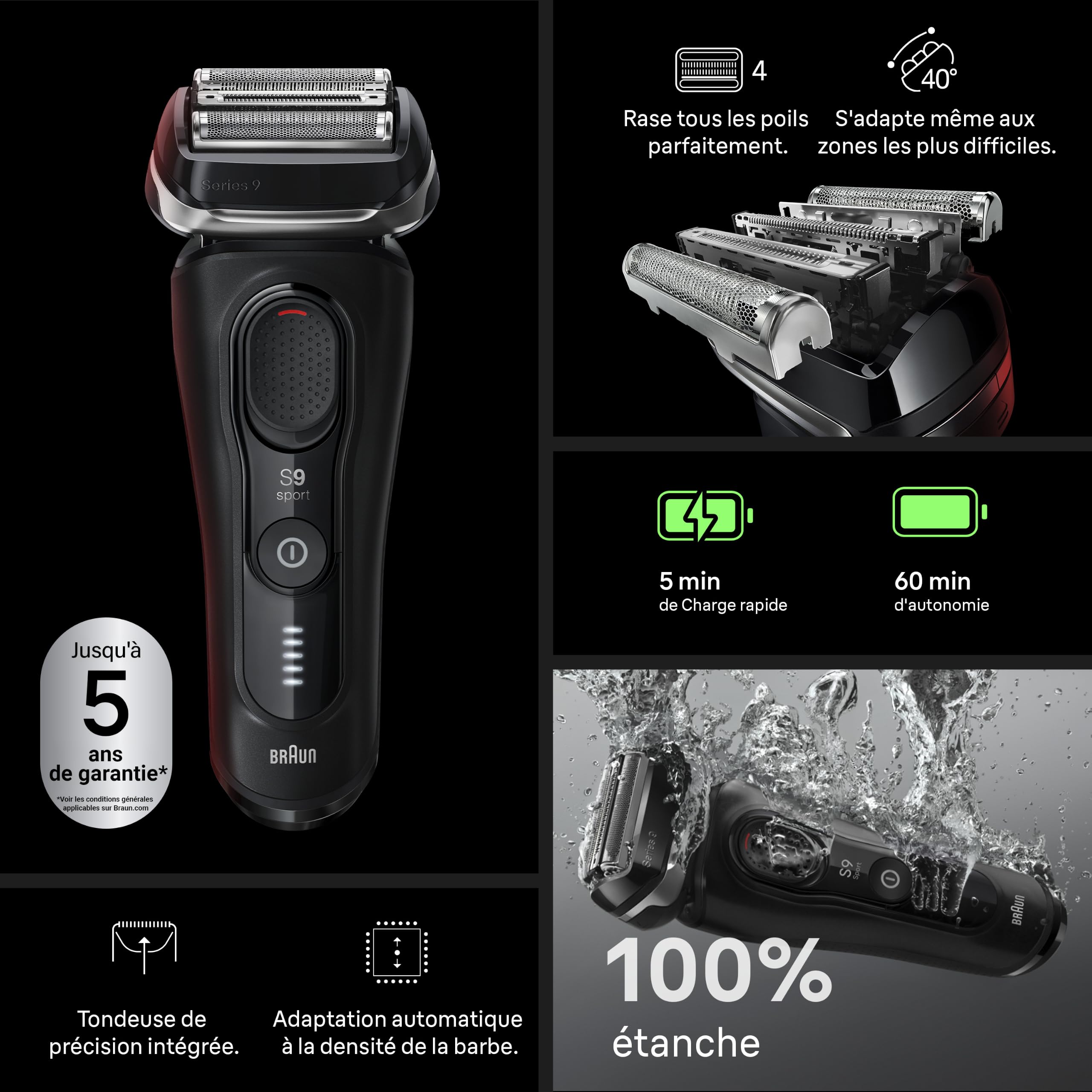 Braun Rasoir Electrique Homme Series 9 Sport 9110si, Noir