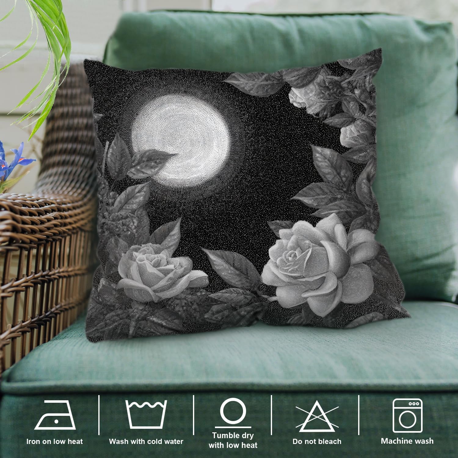 Shrahala Moonlit Roses Decorative Throw Pillow Cover, Moon Roses Leaves Grayscale Square Pillowcase Blended Double-Sided No Inserts for Bedroom Living Room Set of 2 (22 x 22 in)