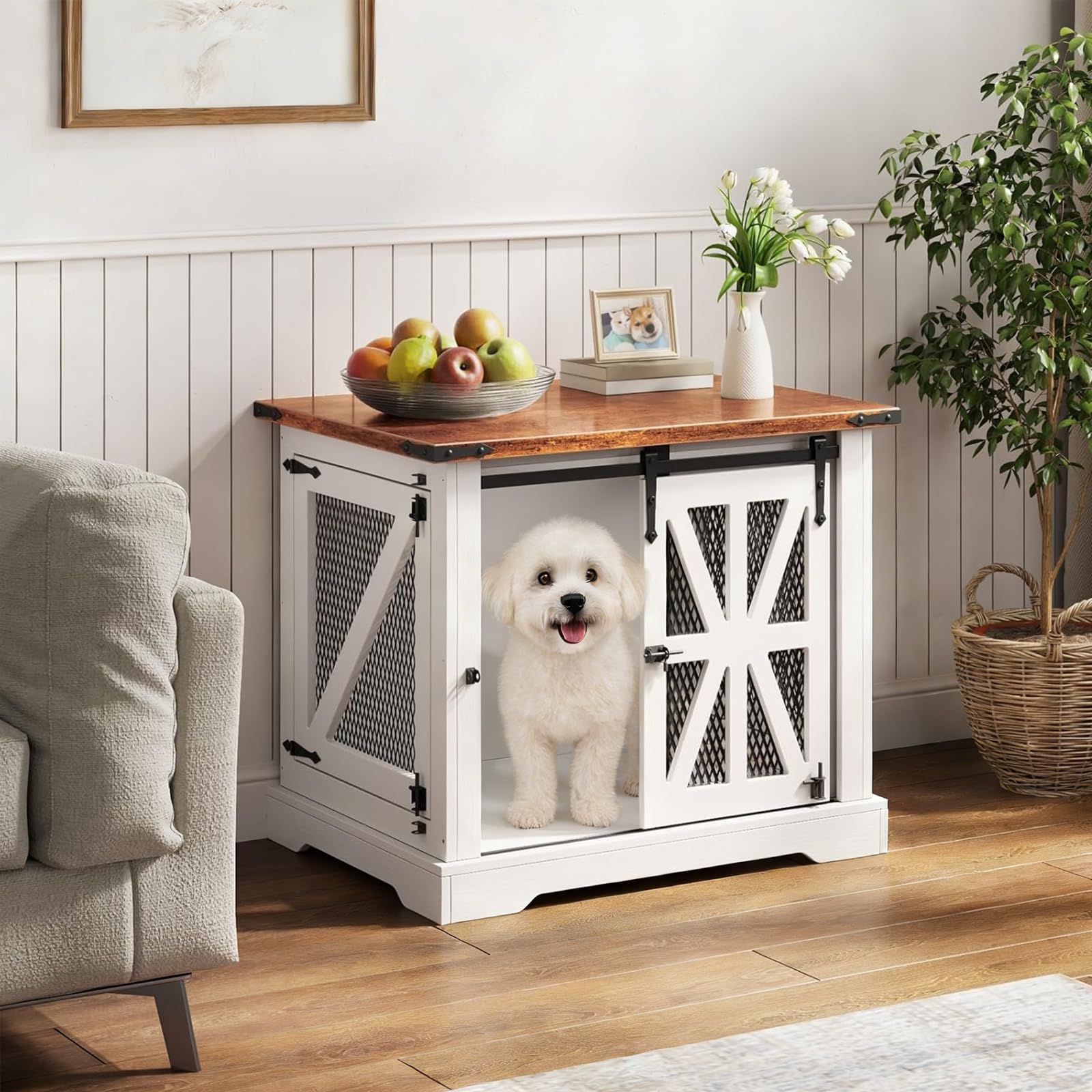 Jaula para Perros, Caja de Perro de 73 cm, Jaula para Perros de Tres Puertas para Uso Doméstico, Puerta Corredera, Casa Moderna de Madera para Perros, Cachorros, Diseño Reforzado, Blanca