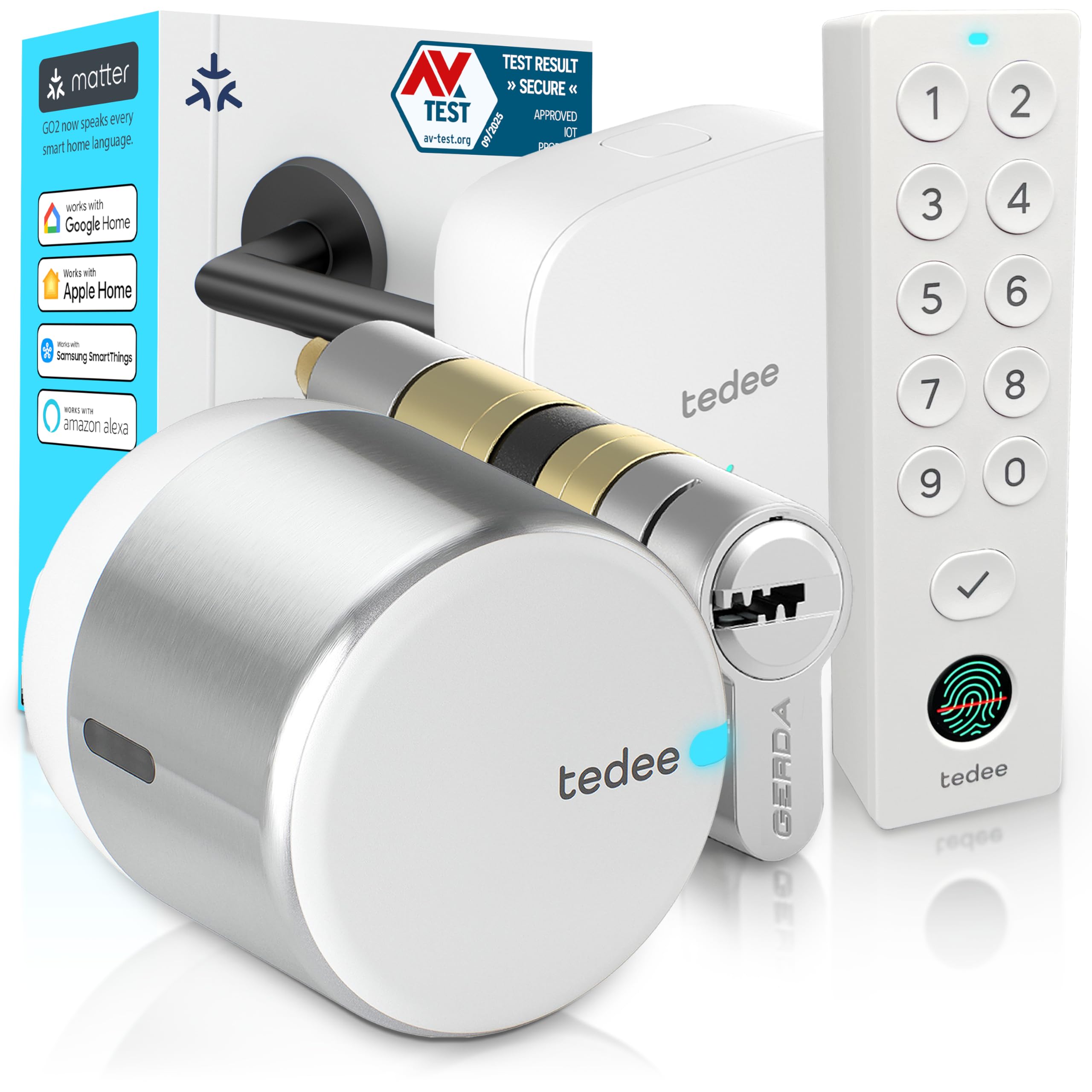 Tedee GO2 Alu Serrure Intelligente Connectée avec Bridge WiFi, Keypad PRO et Cylindre Gerda EXXO Smart | Sécurité Classe 6, Empreinte Digitale | Compatible Matter, Alexa, Google Home, Apple, Smart