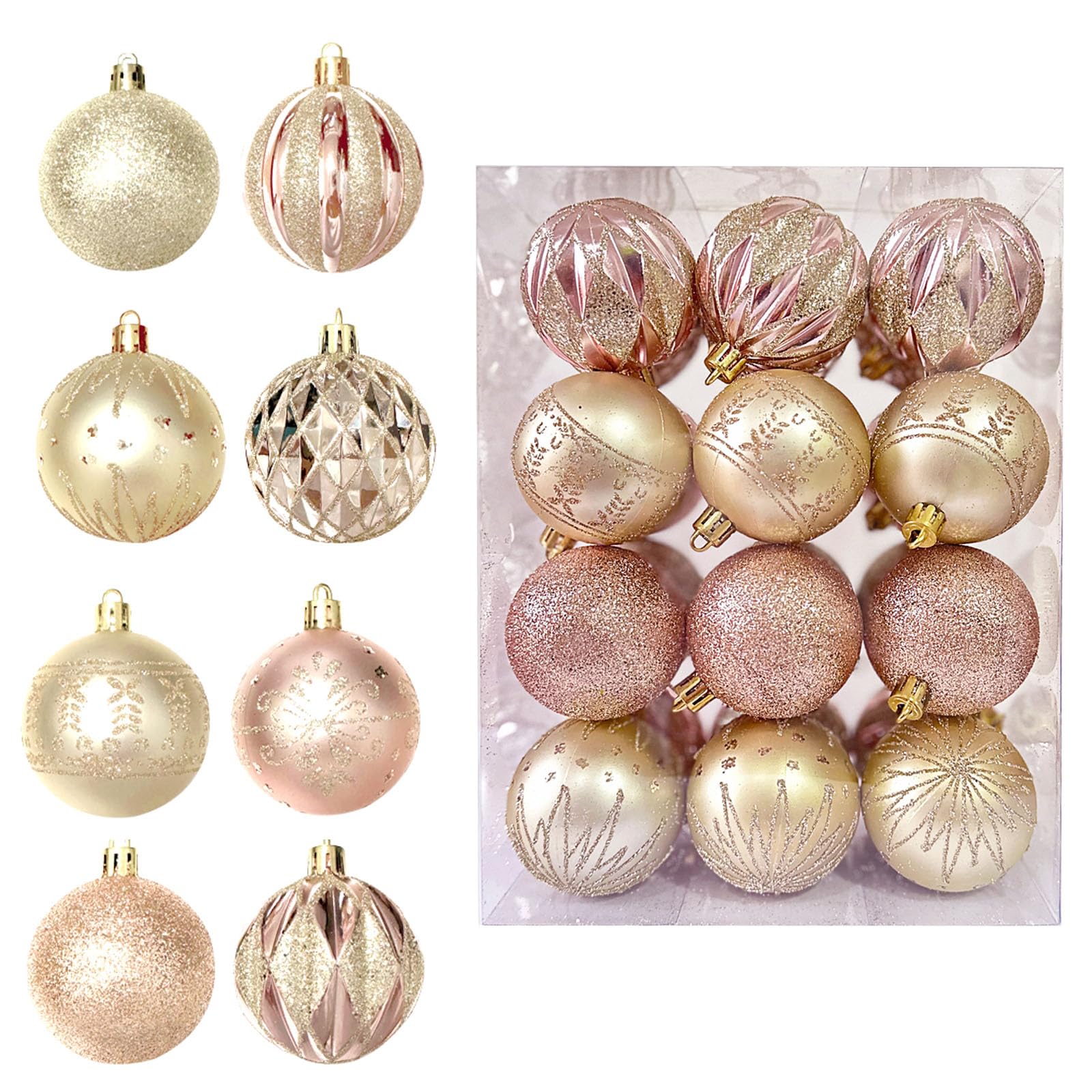 MORAINJAY 24 Pcs Rose Gold Christmas Baubles Set, Shatterproof Plastic Xmas Tree Balls Ornaments, Hanging Ornaments for Holiday, Home, Christmas Tree Festive Decorations