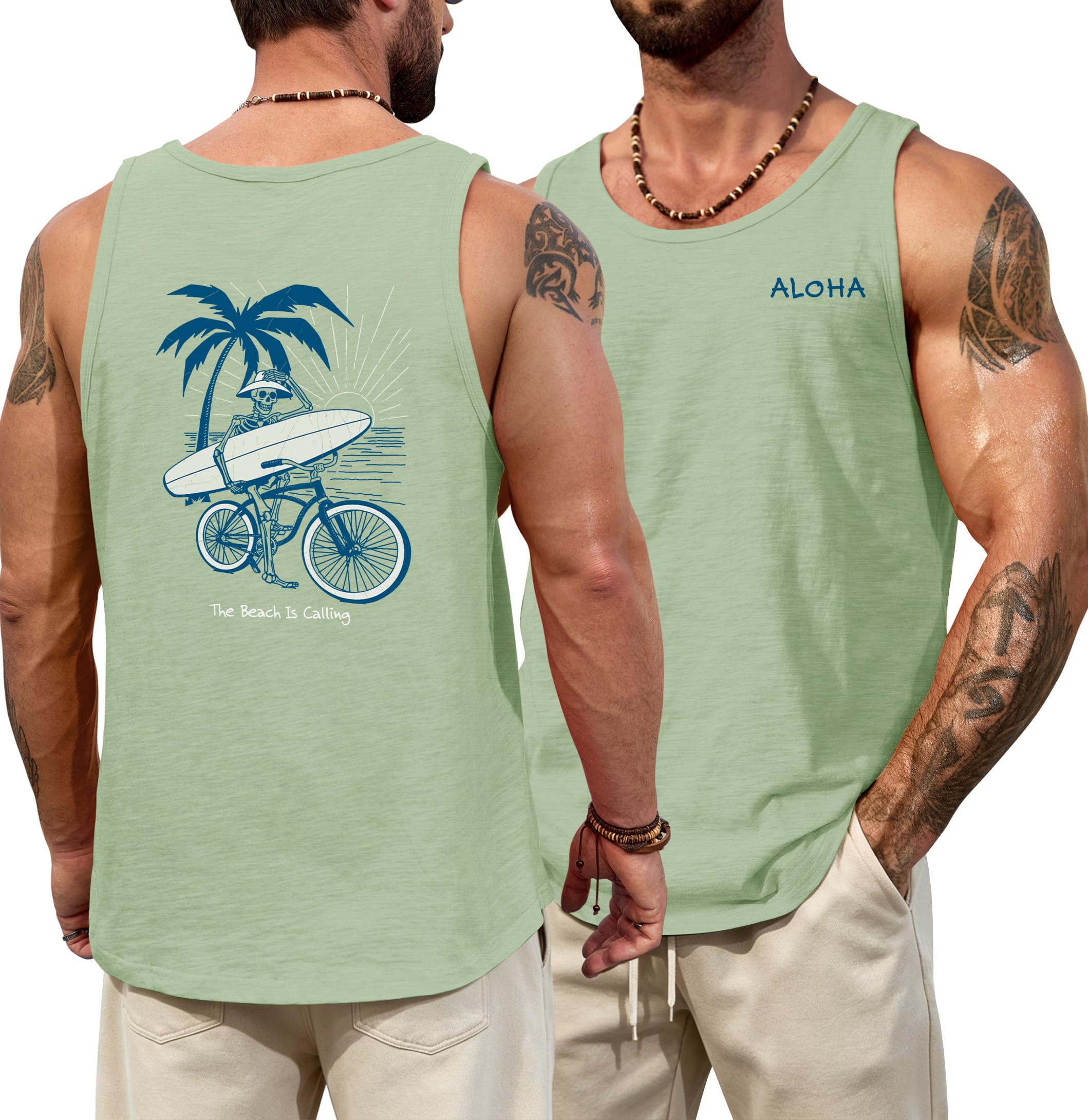 VOGSTART Mens Graphic Muscle Tank Top Beach Slub Cotton Sleeveless Shirts