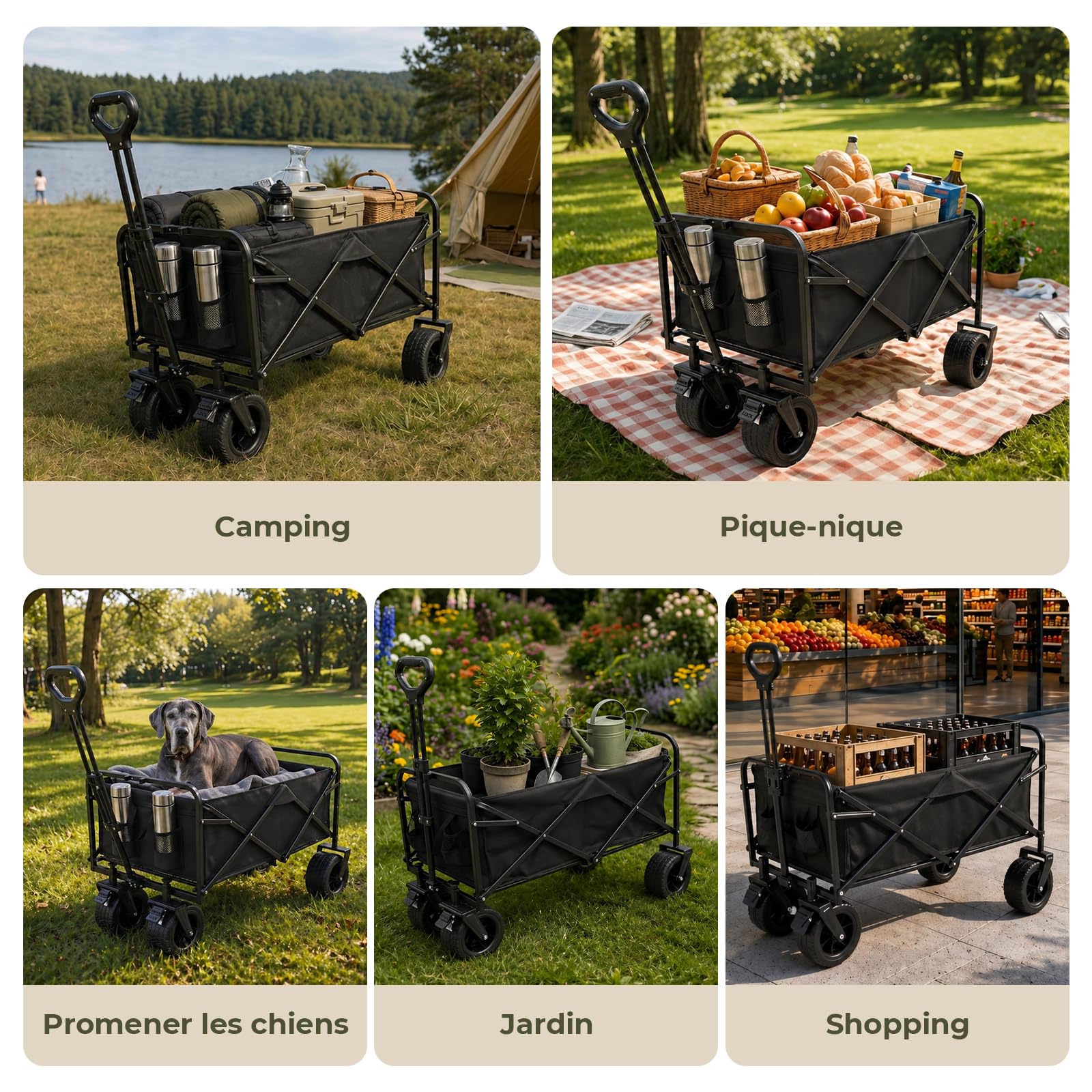 Chariot Pliable 200L 160 kg, Chariot de Plage Pliable à Pneus Larges, 84x48x100cm,Roues Tout-Terrain à 360°, Chariot à Main pour Camping, Courses, Chiens, Jardin et Plage