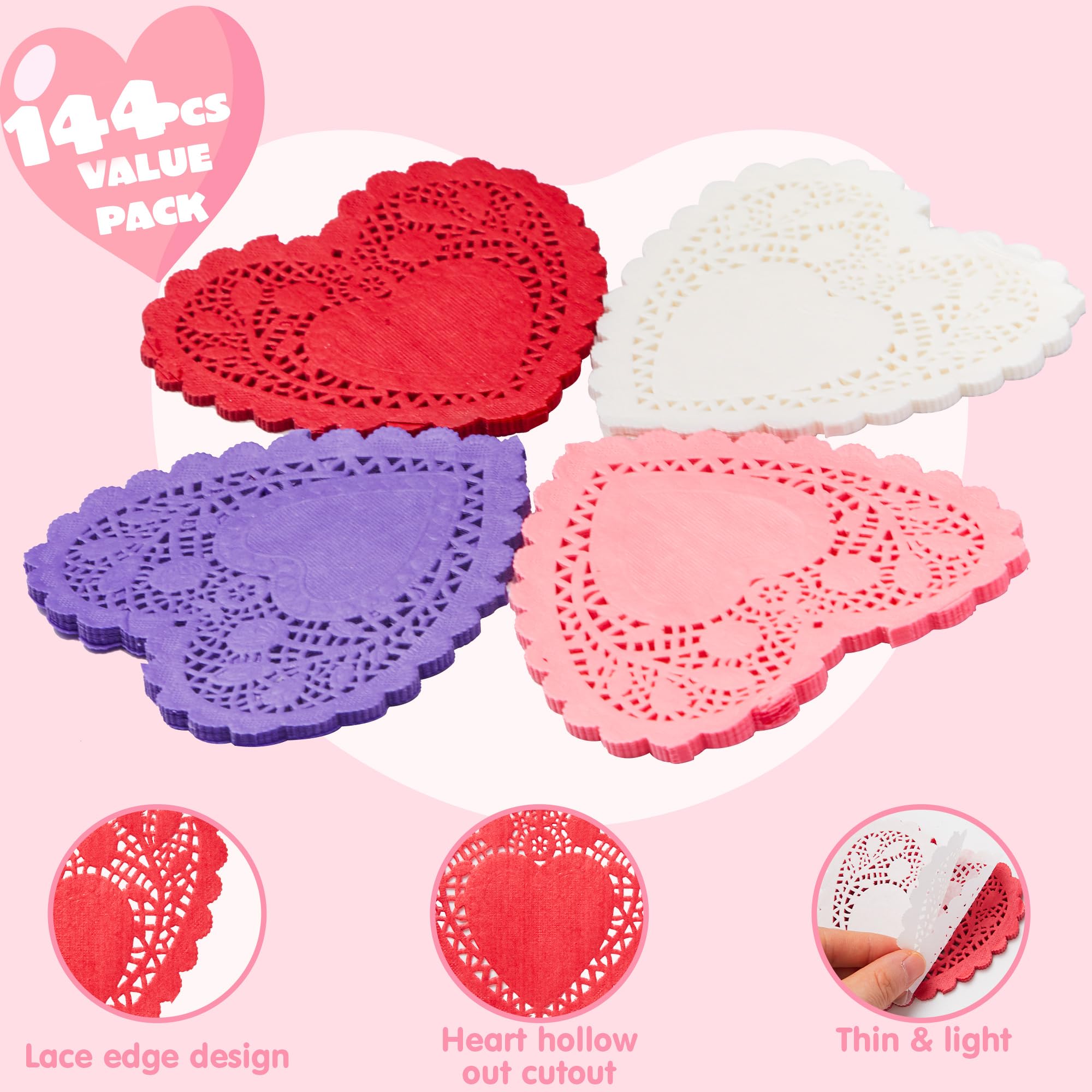 JOYIN 144 Pcs Valentines Day Heart Doilies Party Decorations with 4 Colors Heart Doilies Cutouts Lace Paper Heart Paper Doilies Craft Gift Set for Valentine Day Party Tableware Decoration