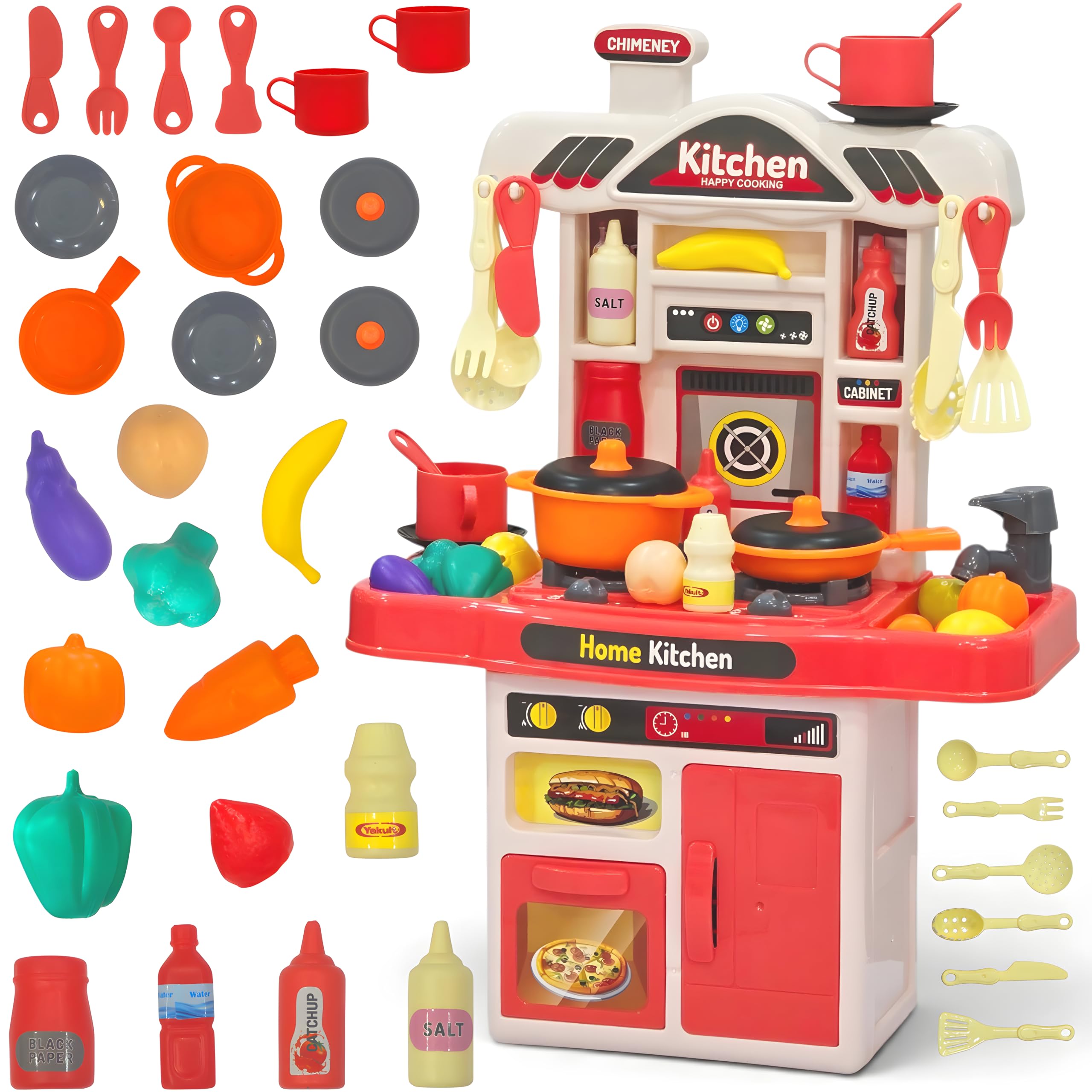 Cable World Kids Kitchen Play Set for Kids| 50 Pieces Pretend Play Cooking Set with Utensils, Pots, Pans, Fruits & Vegetables | Mini Kitchen Toy with Storage Cabinet | Educational Role Play Toy-image-7