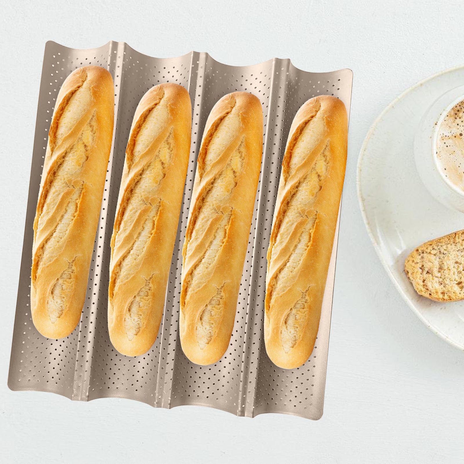 Teglia per Baguette Stampo per pane da forno per 4 baguette perforato French Stick Pan Baguette antiaderente French Bread Baking Pan Scanalature Onde Pan per pane Vassoio di cottura