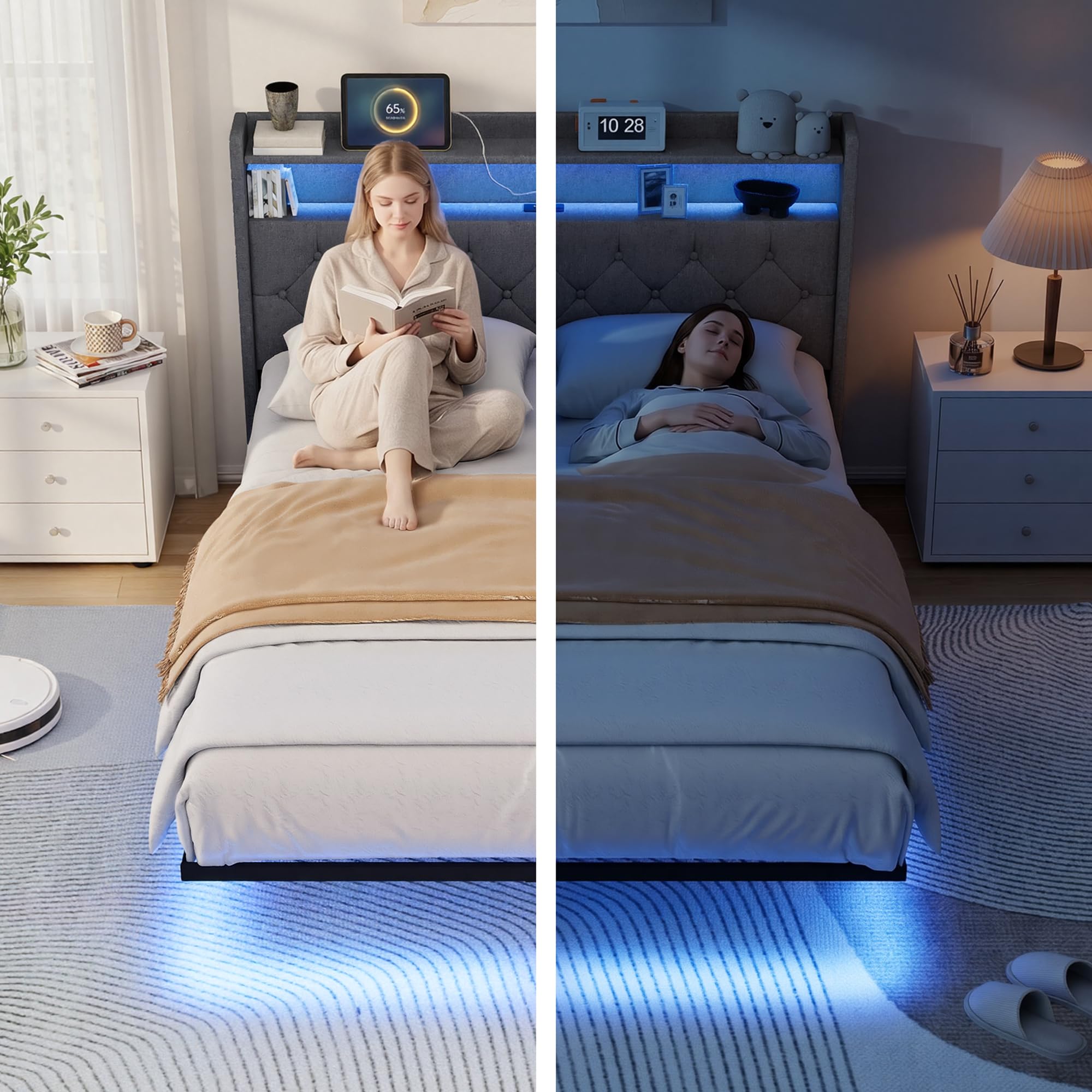 Xbro Cama 140x200 cm con Flotante，Cama Tapizada con Iluminación LED y Estación de Carga (USB/Enchufe), Cabecero Acolchado con Espacio de Almacenamiento, Somier, Gris Oscuro(Sin Colchón)