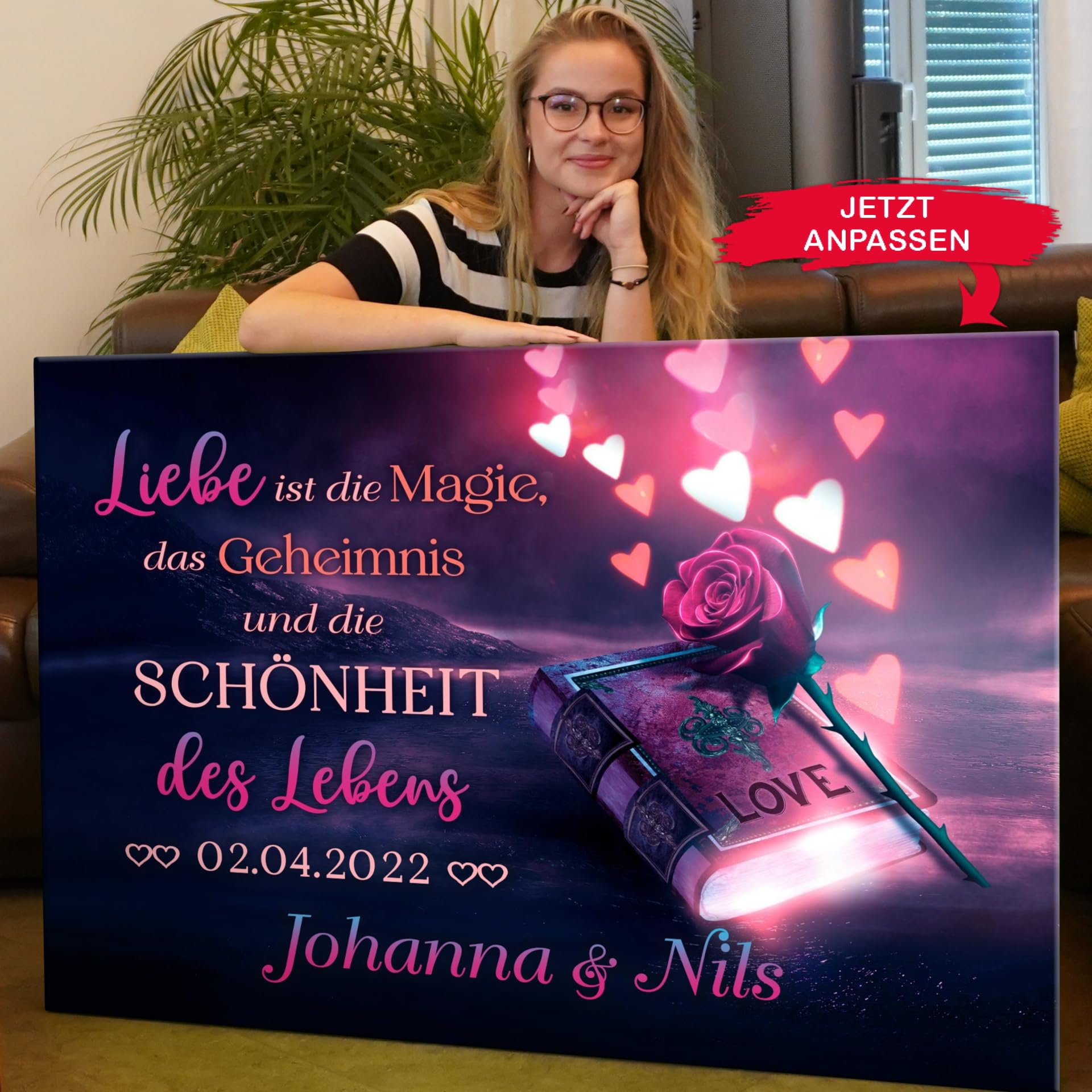 Liebesleinwand Personalisiertes Leinwandbild gestalten | Magie der Liebe | Geschenk zum Jahrestag, Hochzeitstag, Verlobung, Hochzeit | Leinwandbild gestalten mit Namen und Datum