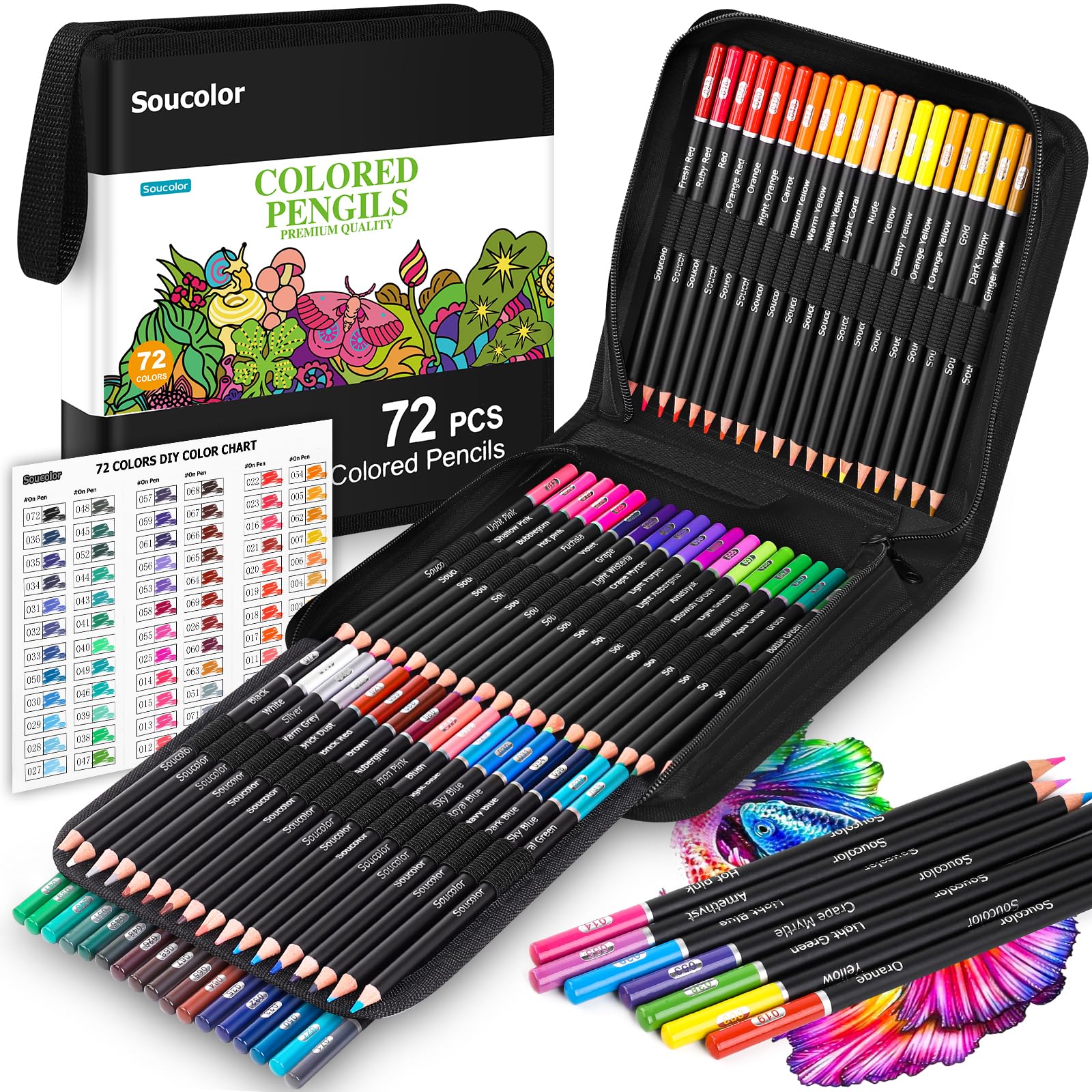 Soucolor 72-Colors Premium Artist Colored Pencils Set with Zippered Case for School Preppy Supplies, Drawing Kit Art Supplies for College Students