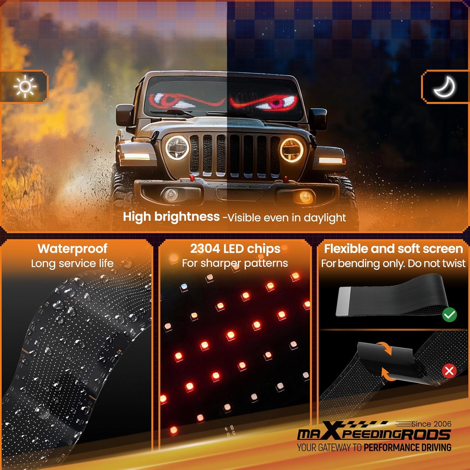 maXpeedingrods Devil Eyes Light for Windshield Programmable, 52"×8" Animated Truck Eyes with App Remote Control, Waterproof Digital LED Sign Board for Offroad Pickup Store Outdoor Business, 5V 1PC