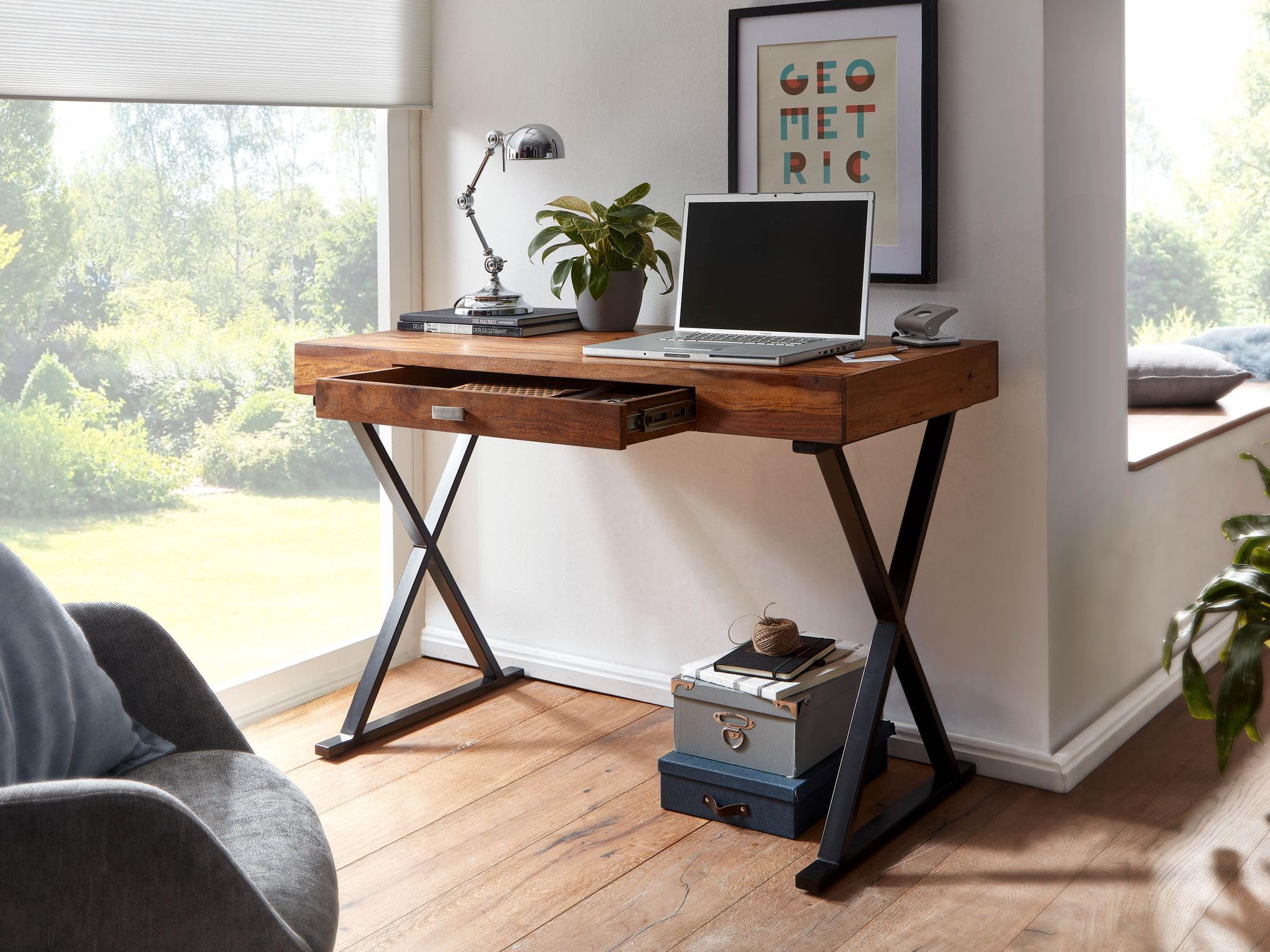 FineBuy Bureau 120x55x78 cm Bois Massif Sheesham, Piètement en X Noir