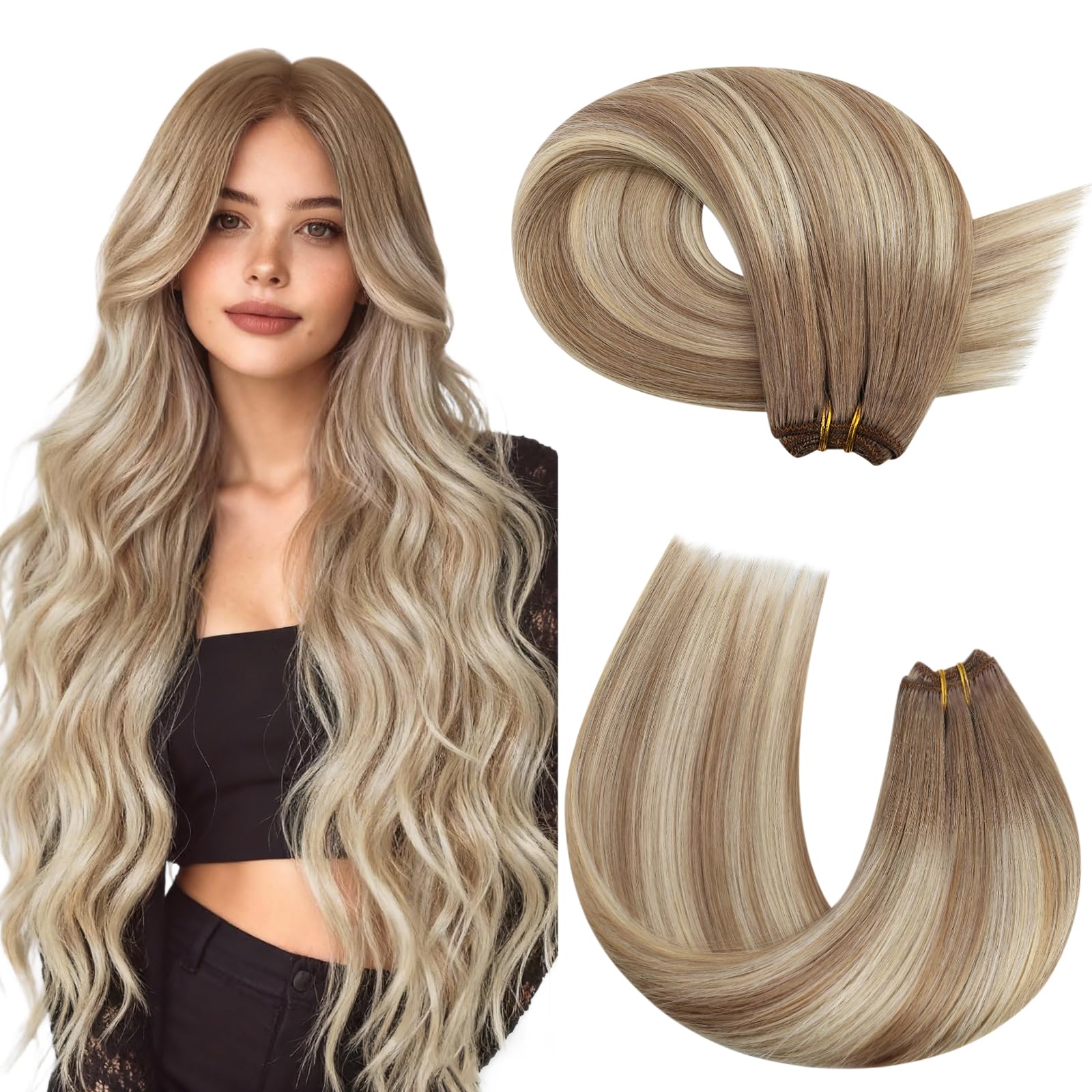 Moresoo Butterfly Weft Hair Extensions Remy Human Hair Ash Blonde Highlight Bleached Blonde 18 Inch OVO Weft Hair Extensions Human Hair Ash Blonde Highlight 100g/pack #18/613 — view 51