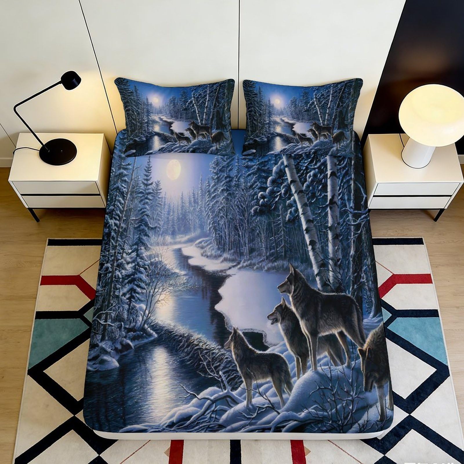 3D Printed Forest Wolf Fitted Sheet Microfiber Non-Slip Deep Pocket Bedroom Bedding Full Wrap Forest Design Mattress Fitted Cover for Adults Teens 120x200x25cm