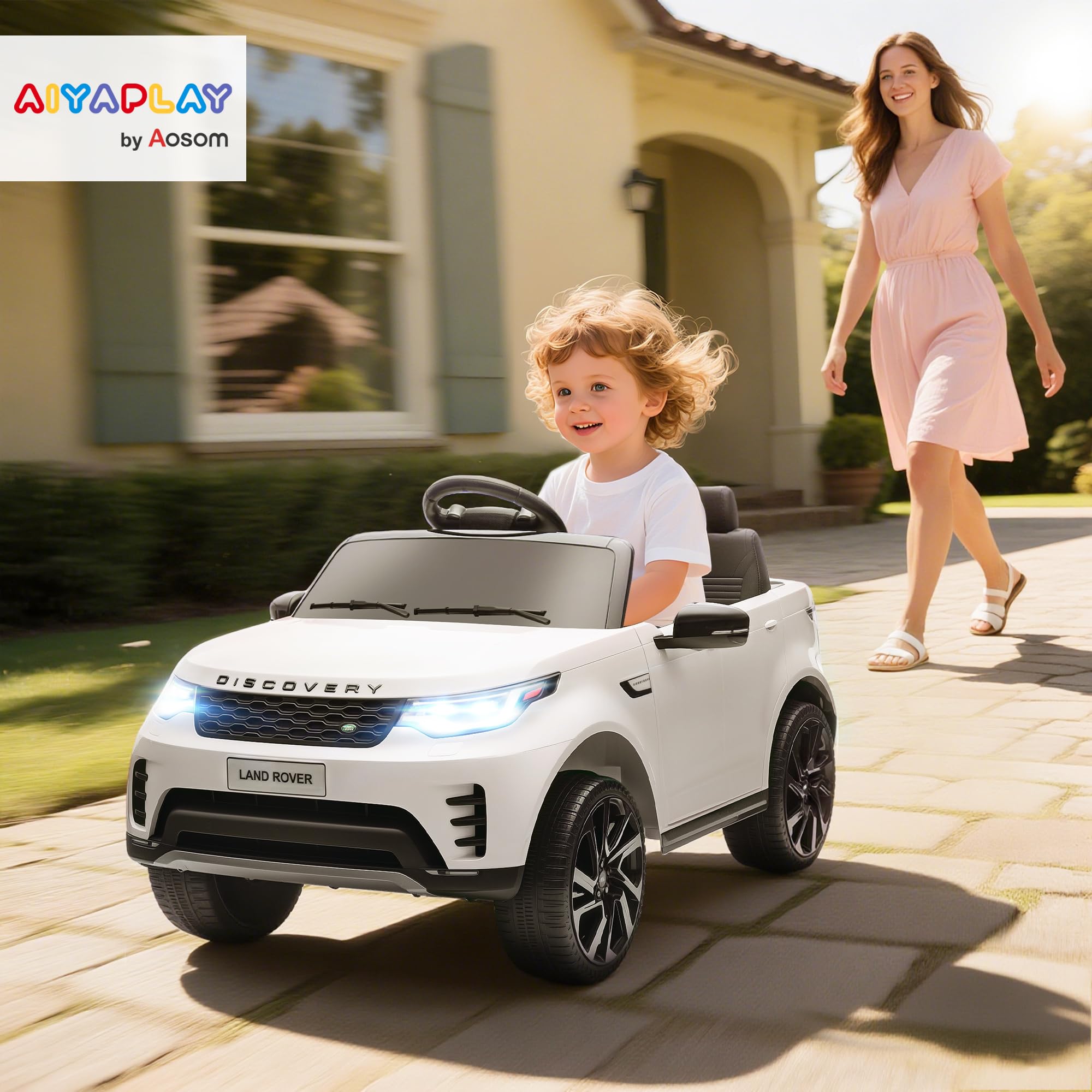 AIYAPLAY Macchina Elettrica Bambini Licenza Land Rover Discovery 12V Bianco | 3-6 Anni, 2.5-4.5 km/h, Auto Elettrica per Bambini, Sospensioni, Telecomando, USB, Musica, Fari, Clacson