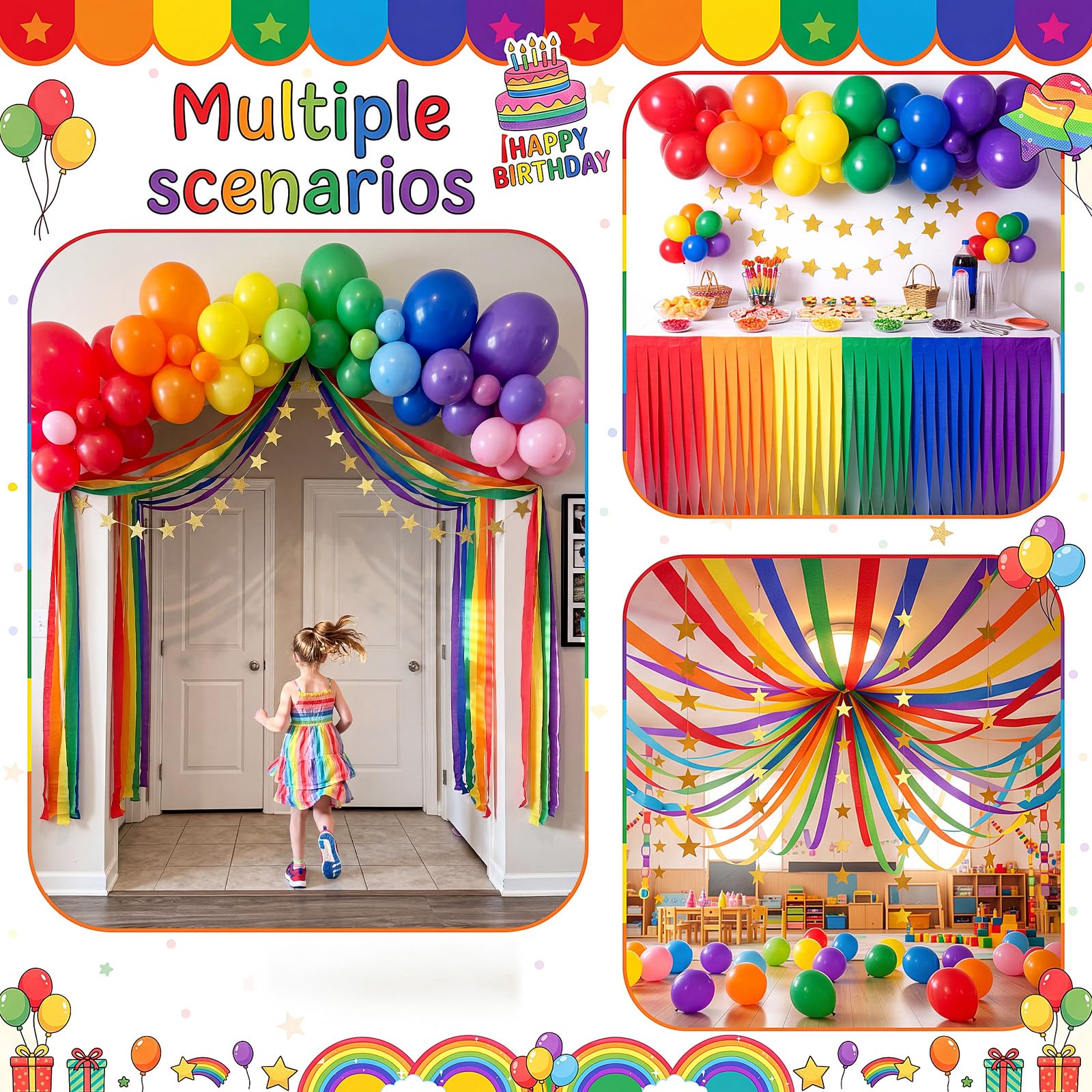 Kit di 145 palloncini arcobaleno per decorazioni fai da te, con palloncini in carta crespa e ghirlanda di stelle per compleanno, ritorno a scuola, carnevale, feste estive (arcobaleno)