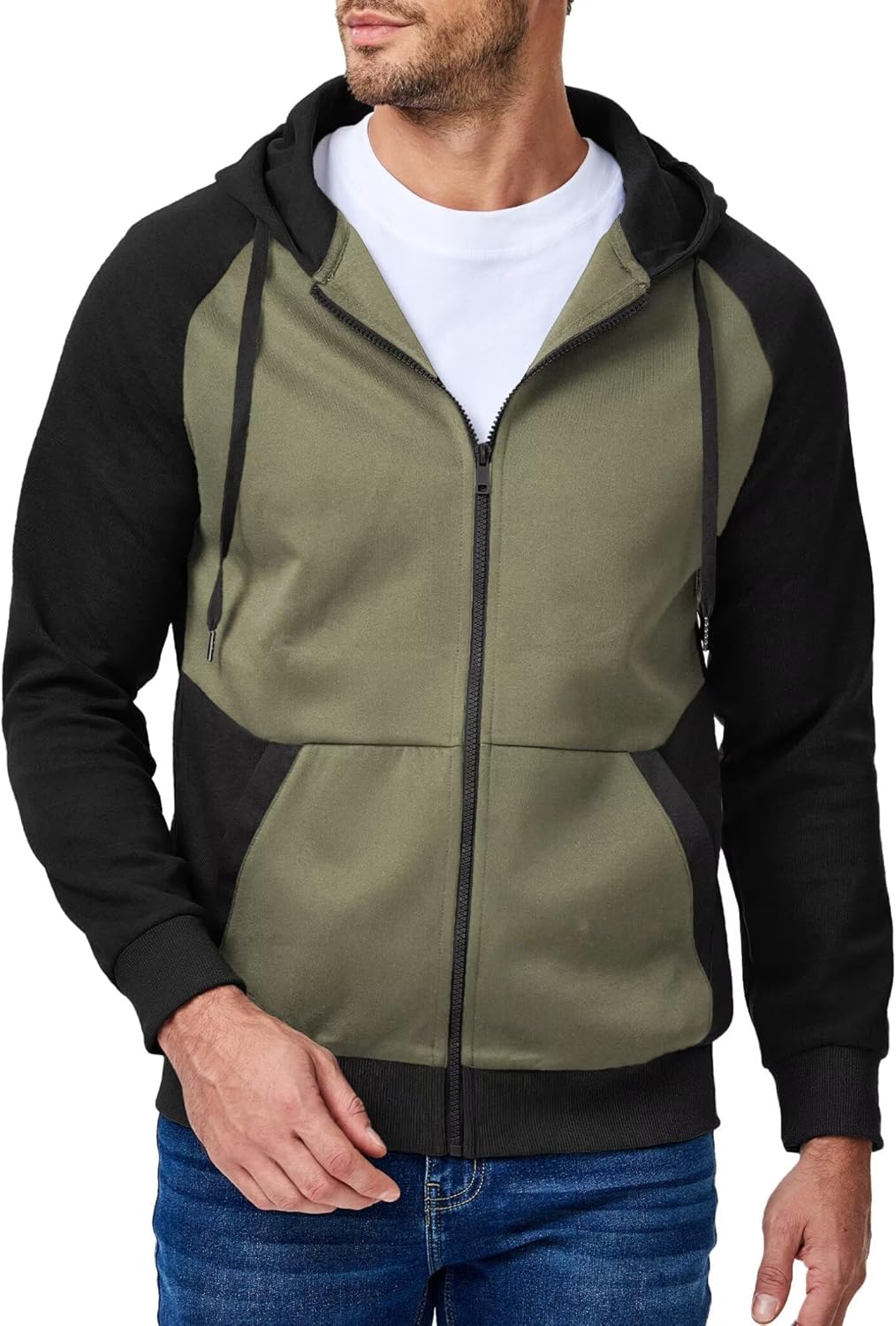 Men’s Full-Zip Hoodies Sweatshirts Color Block Long Sleeve Casual Pullover Shirt with Kanga Pocket