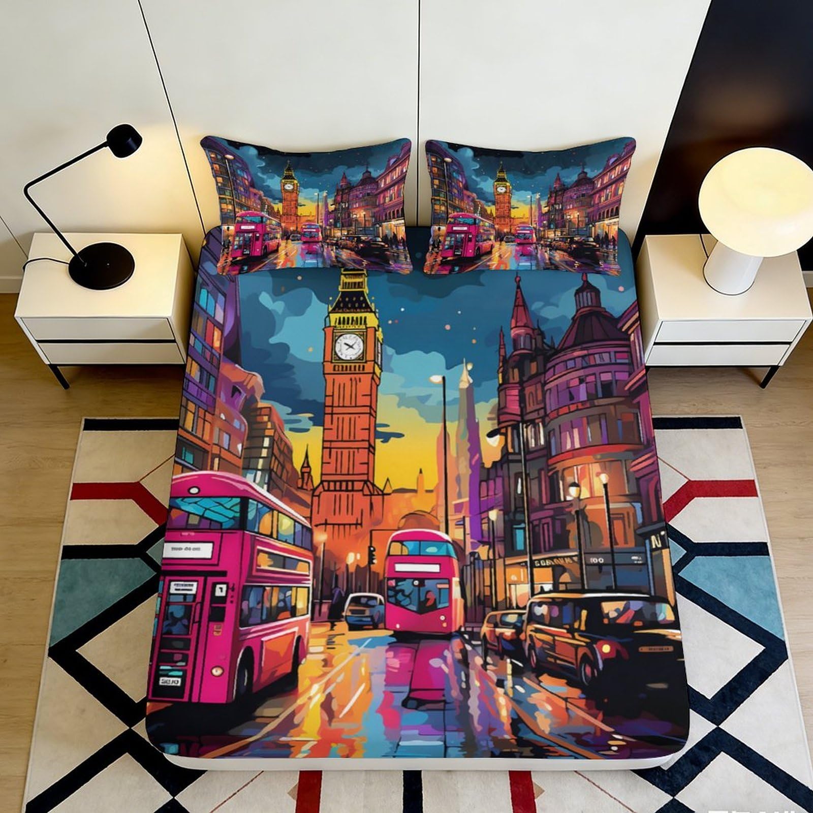 3D Printed London Cityscape Fitted Sheet Microfiber Deep Pocket Non-Slip Bedroom Bedding Set London Mattress Fitted Cover Washable 90x200x25cm