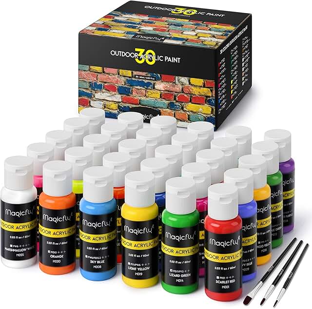 Magicfly Outdoor Acrylic Paint, Set of 30 Colors/Tubes (60 ml, 2 oz.) wi...