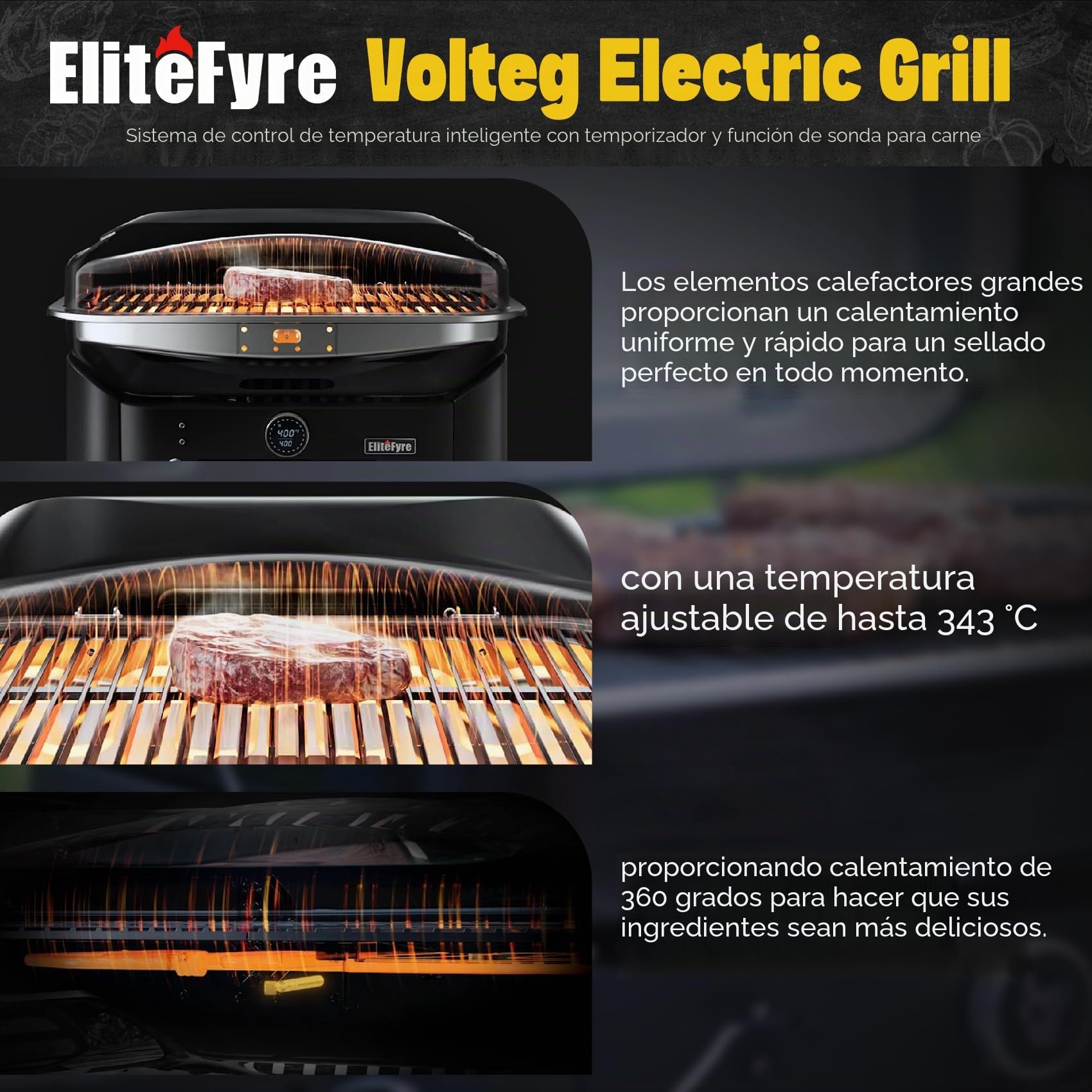 Volteq Smart Barbacoa Eléctrica, 343°C Potencia de Asador en 20 Min, Parrilla de Sobremesa con Sonda de Carne, 1720 cm², Multifunción 6 en 1 para Balcón y Terraza, Acabado Esmaltado