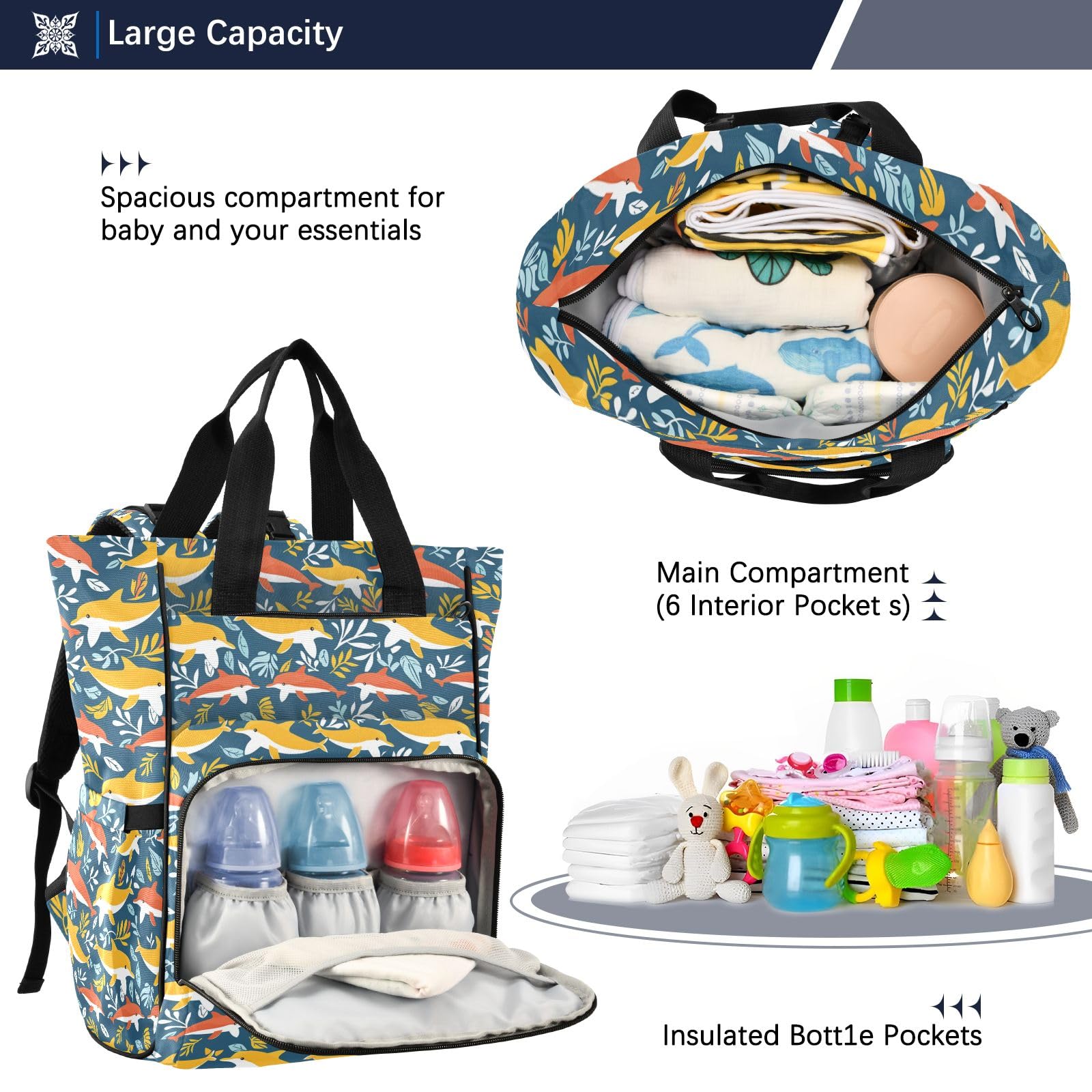 Mnsruu Leaf and Whale - Borsa per pannolini per bambini, zaino grande, impermeabile, da viaggio, per mamme e papà
