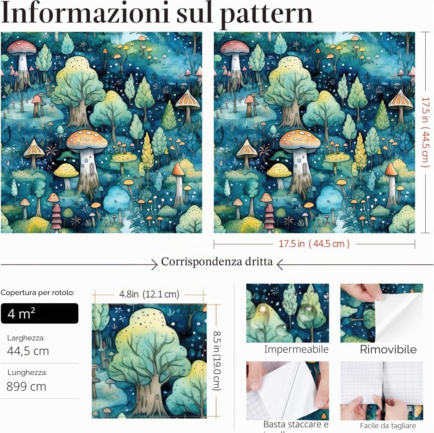 FunStick 44.5CMx9M Carta da Parati Adesiva Muro Bagno Foglie Verdi e Blu Carta da Parati Bambini Cameretta Soggiorno Funghi Foresta Impermeabile Pellicola per Armadio Adesiva Verde Blu Funghi Boemia