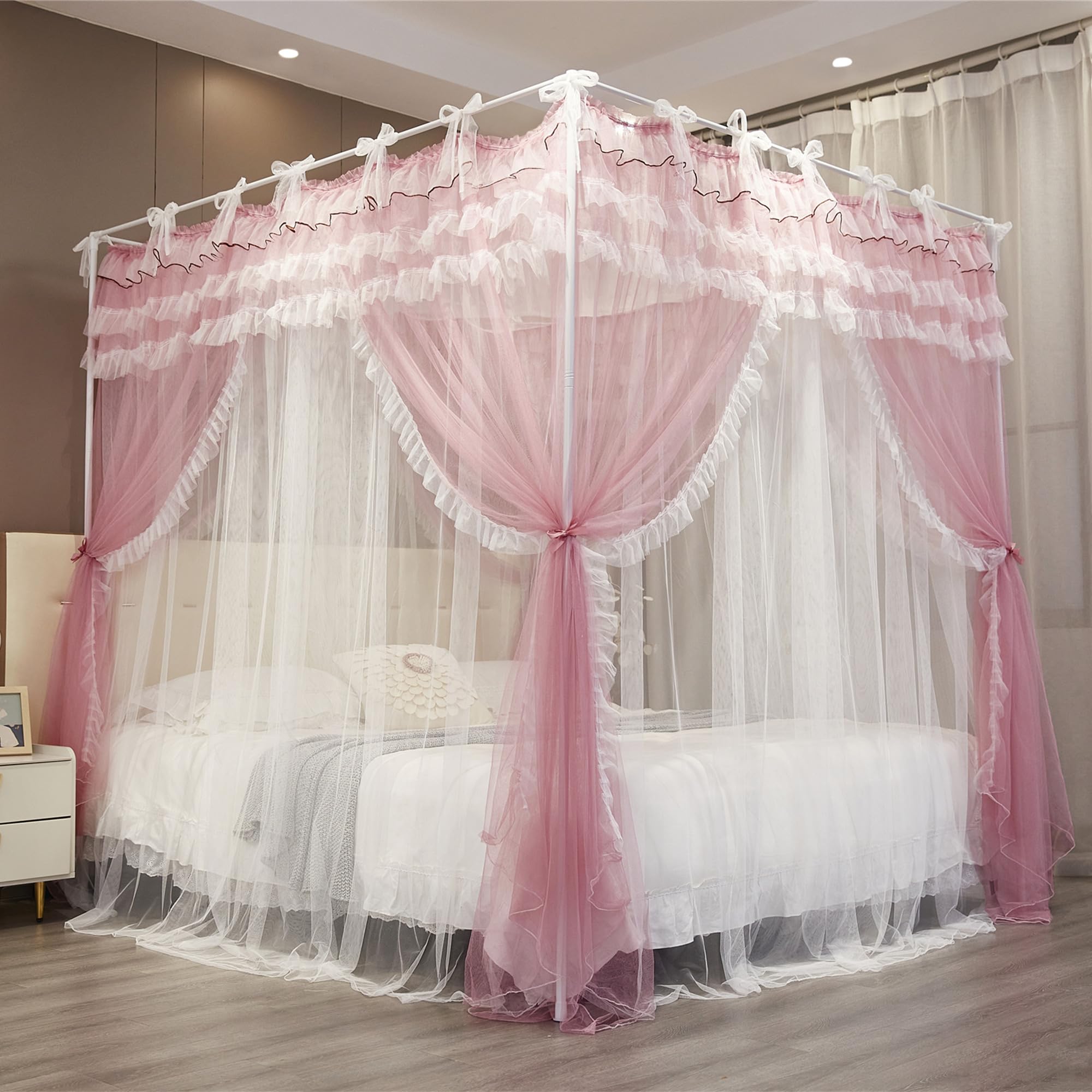 NXGIO Bed Canopy Curtain Double Layer 4 Corners Post Lace Up Ruffle Princess Drape Netting 4 Opening Mosquito Net for Girls Bedroom Decoration (Pink/