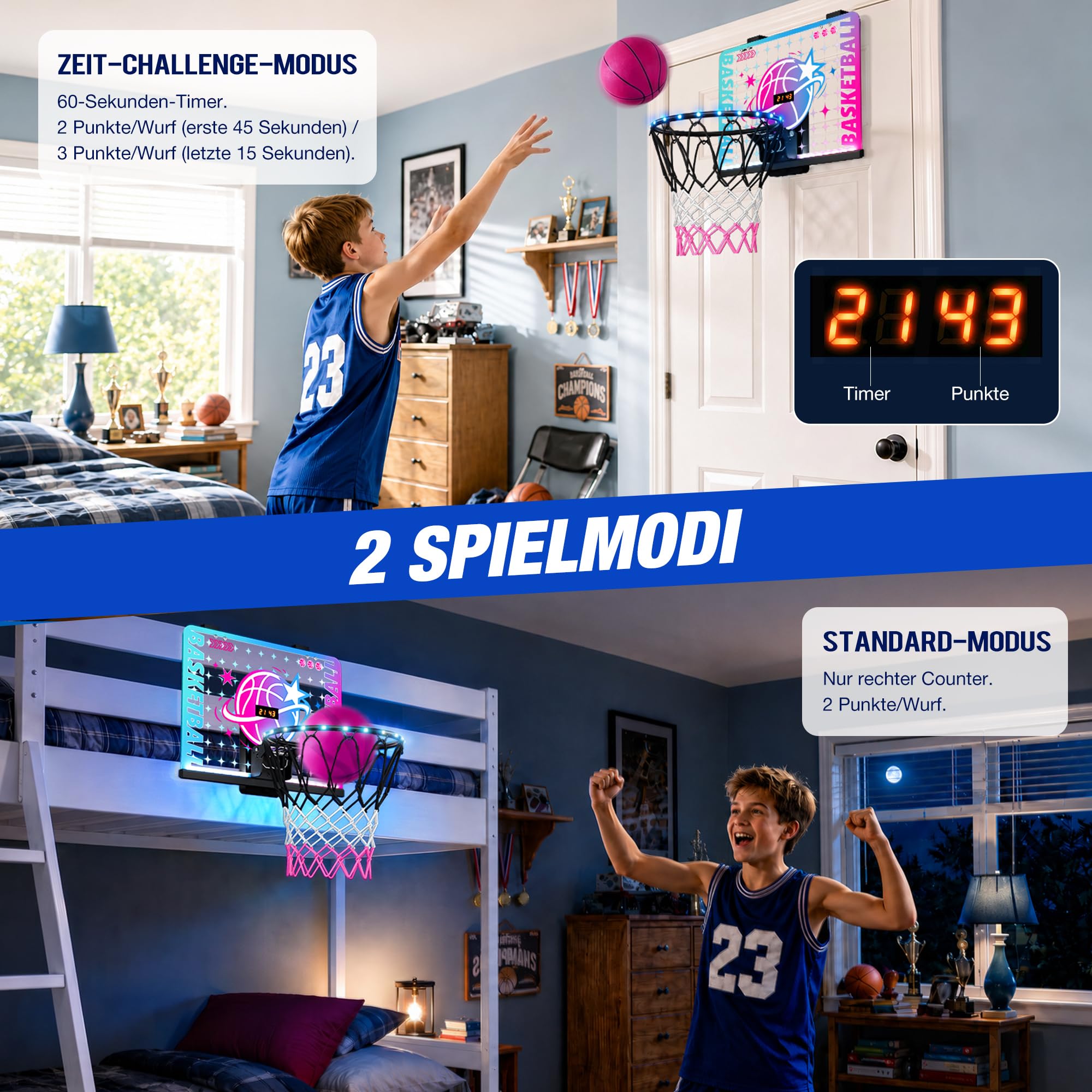 ROPODA Basketballkorb Indoor für Kinder, Mini Basketballkorb mit LED-Licht, Fernbedienung & Anzeigetafel, Basketball Korb Basketballspielzeug für Jungen Mädchen Jugendliche ab 3 Jahren