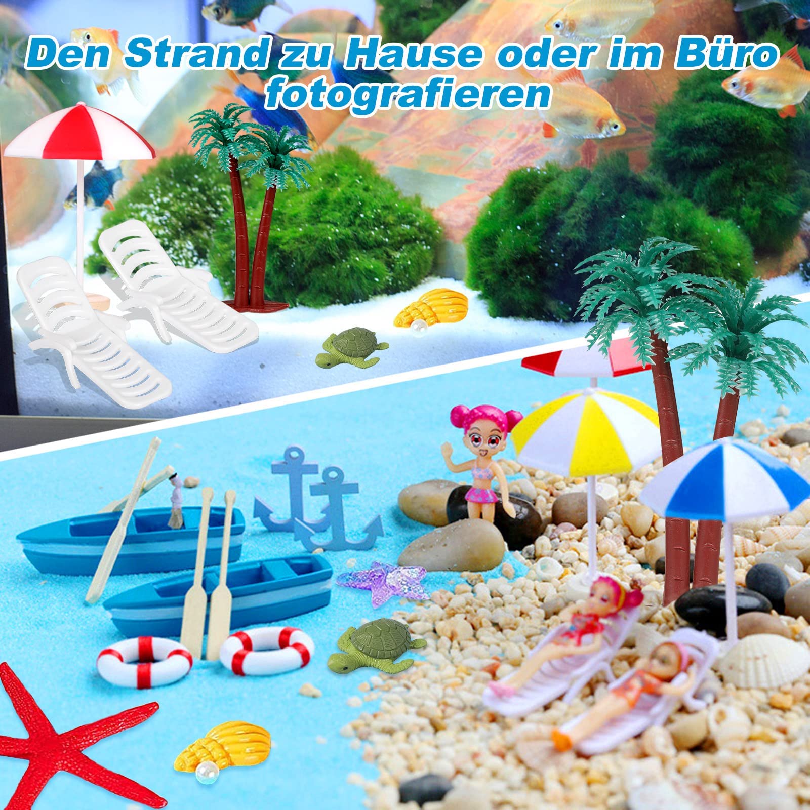 Kit Miniature Chaise Longue Parasol Lot De 26 Mini Chaises Longues De Plage Chic – Kit Complet Accessoires Miniatures : Chaise Longue, Parasol, Palmier, Planche De Surf – Idéal Décoration Zen Jardin