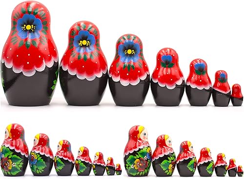 Miniatura 2 de AEVVV Juego de 7 muñecas rusas de anidación – Matryoshka muñecas en cabeza roja bufanda y vestido Sarafan con flores de pensamiento – Muñecas rusas