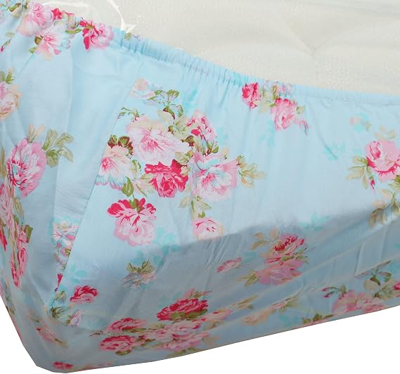 Blue Fitted Bottom Sheet Full Size, 100% Cotton Floral Printed Ultra Soft Deep Pocket Sheet Fits Mattress